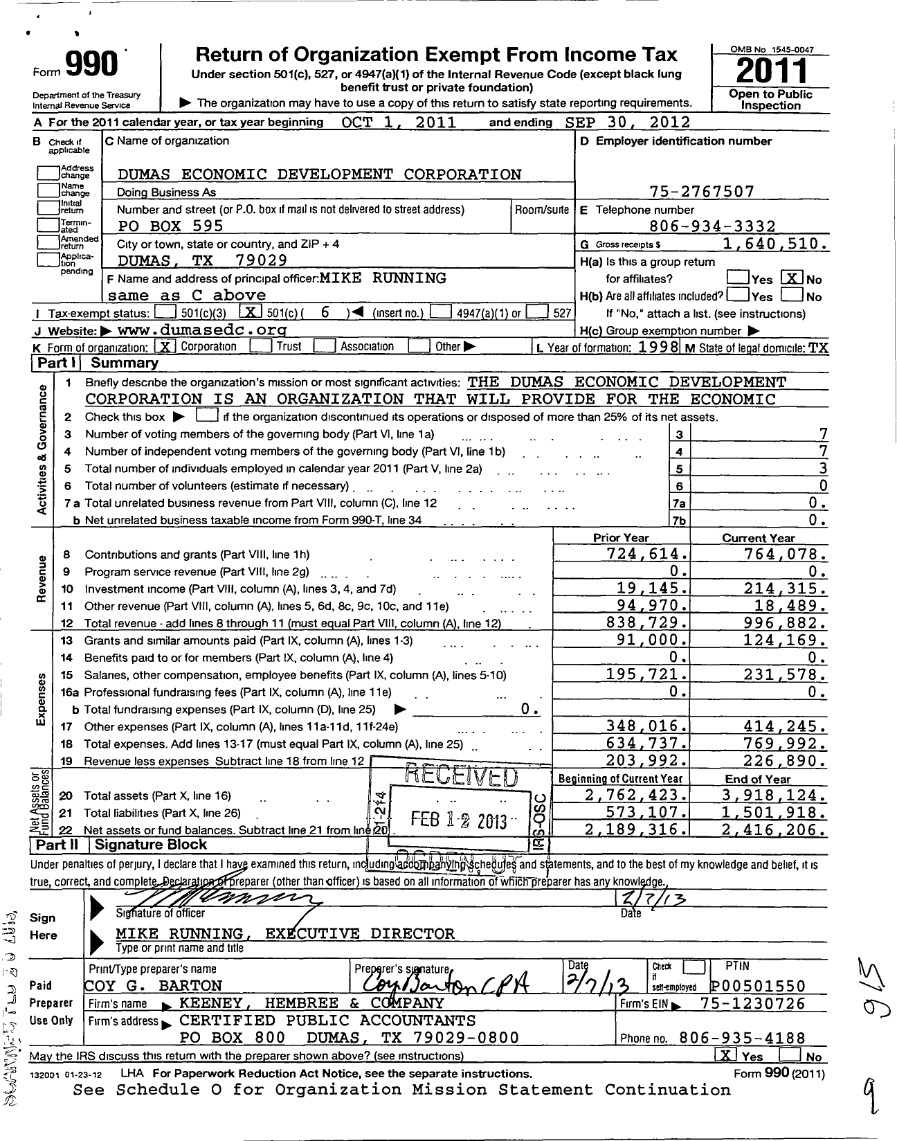 Image of first page of 2011 Form 990O for Dumas Economic Development Corporation