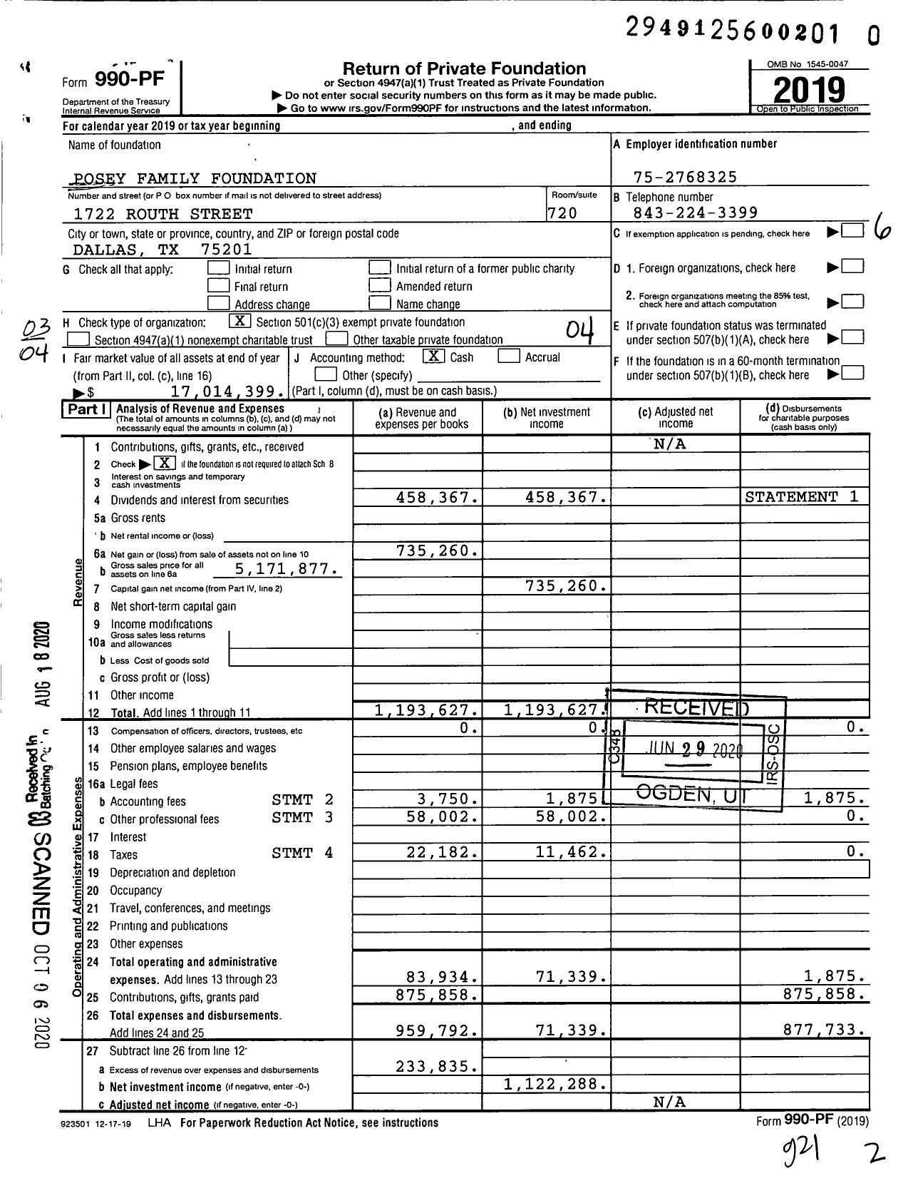 Image of first page of 2019 Form 990PR for Posey Family Foundation