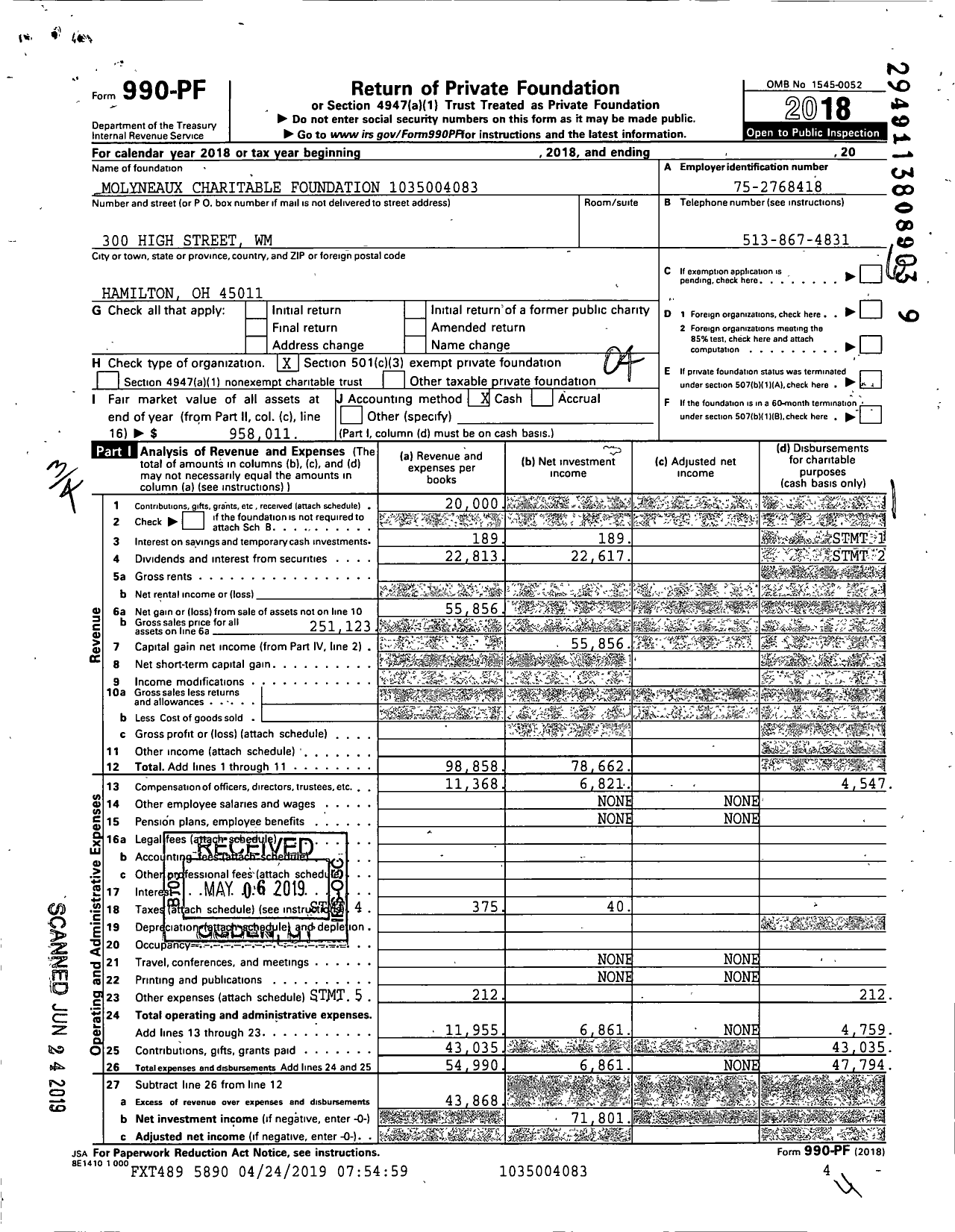 Image of first page of 2018 Form 990PF for Molyneaux Charitable Foundation 1035004083