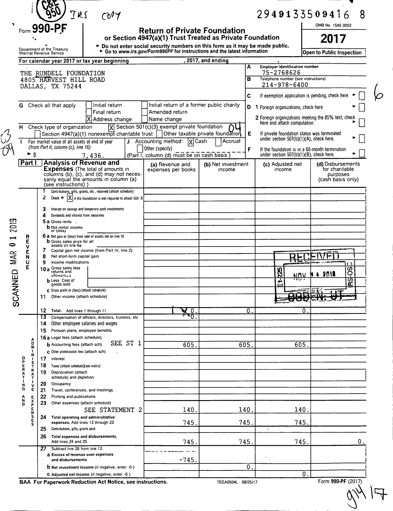 Image of first page of 2017 Form 990PF for Rundell Foundation