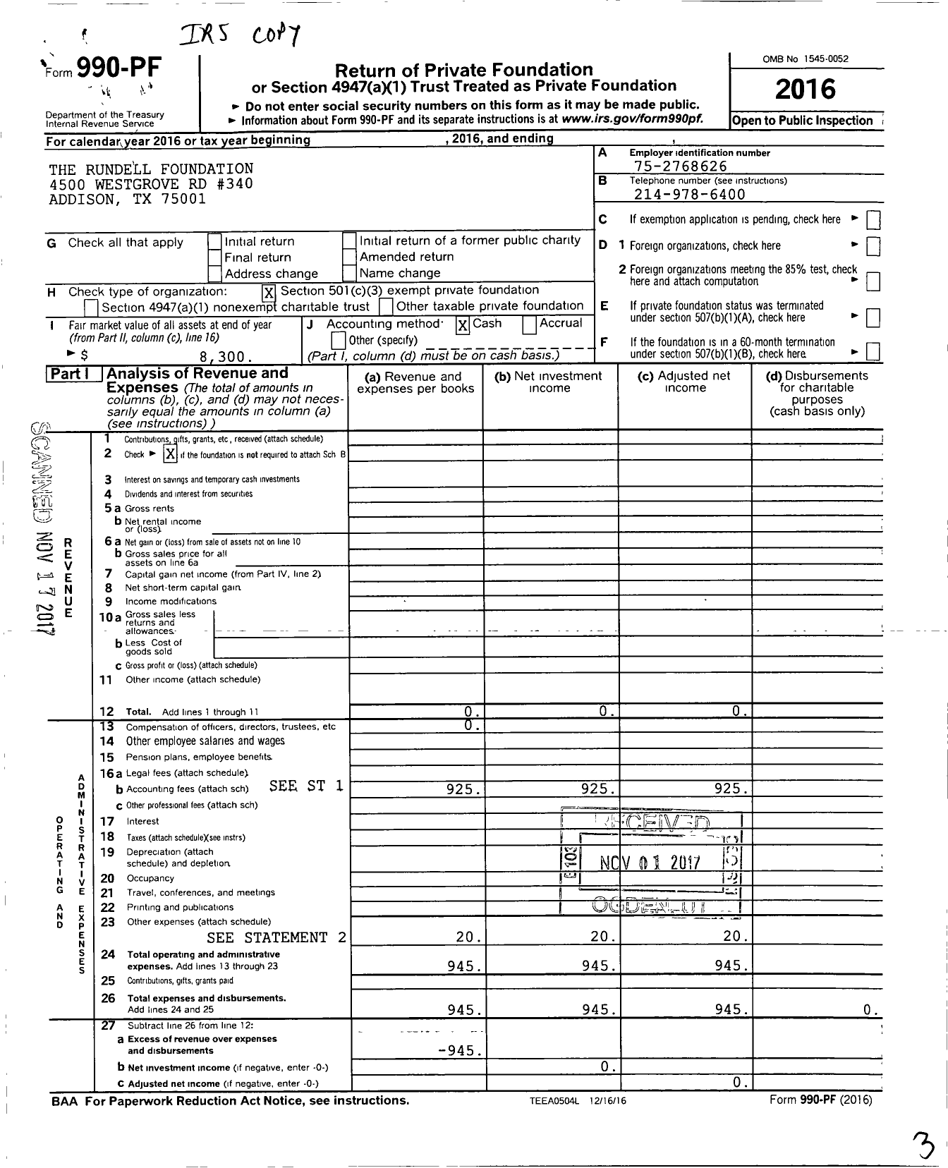 Image of first page of 2016 Form 990PF for Rundell Foundation