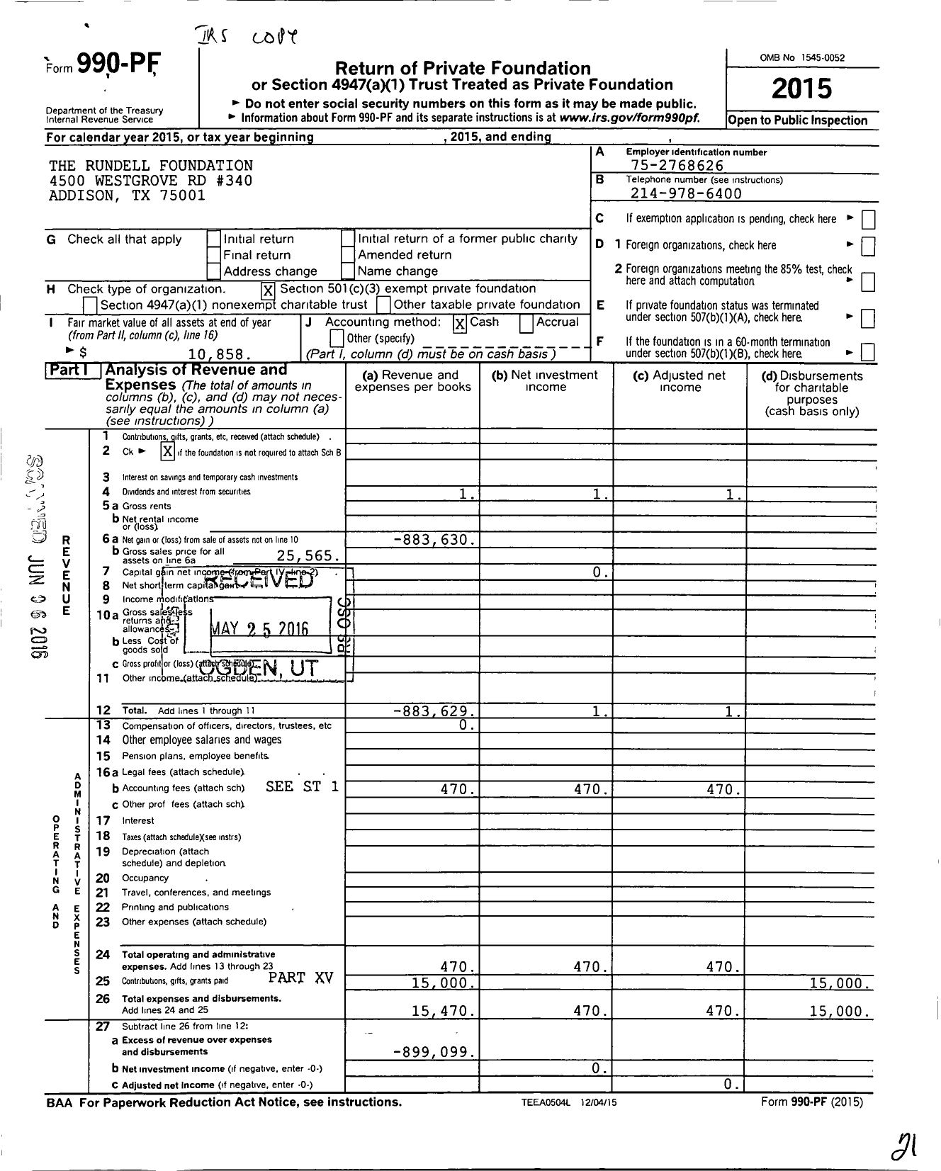 Image of first page of 2015 Form 990PF for Rundell Foundation