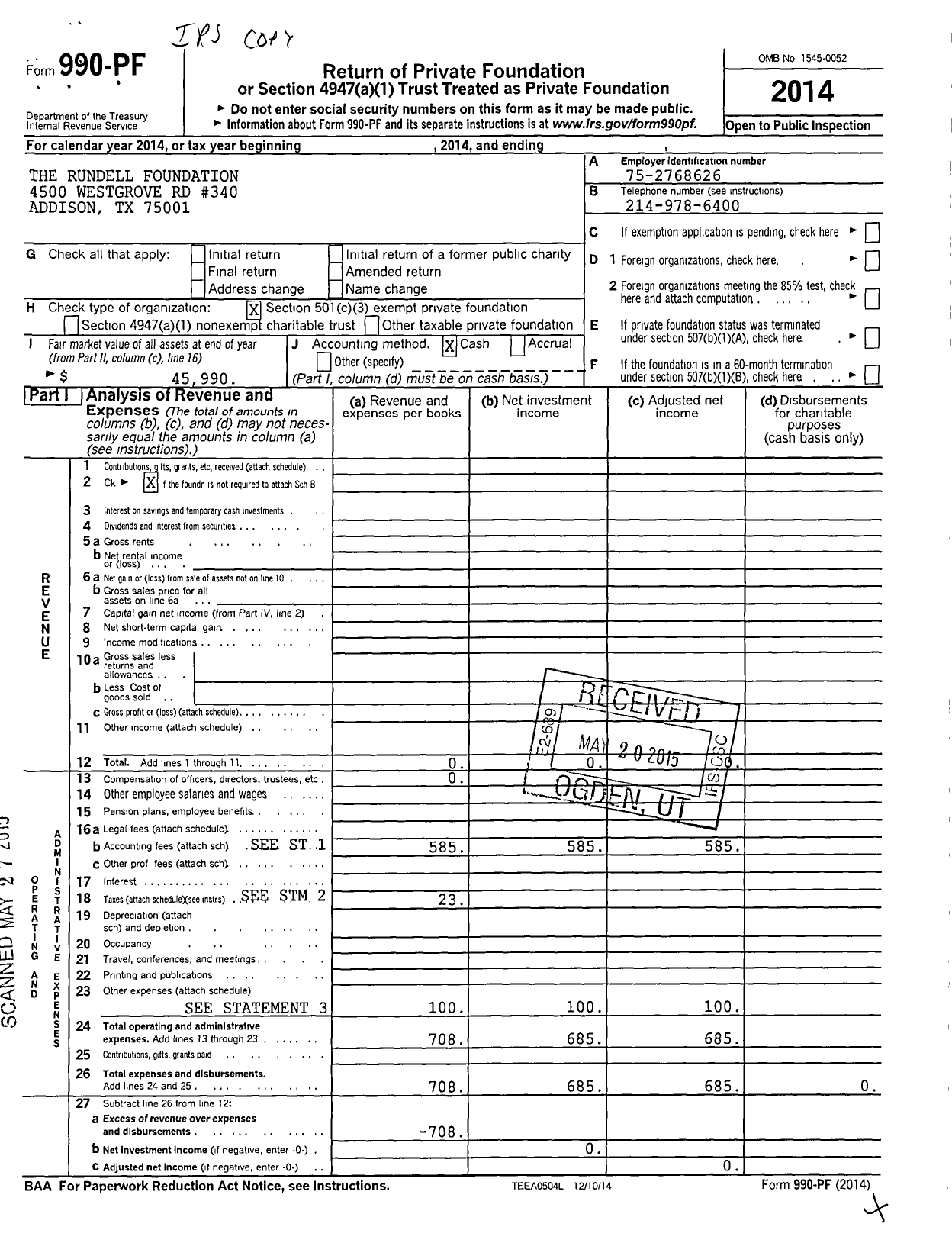 Image of first page of 2014 Form 990PF for Rundell Foundation