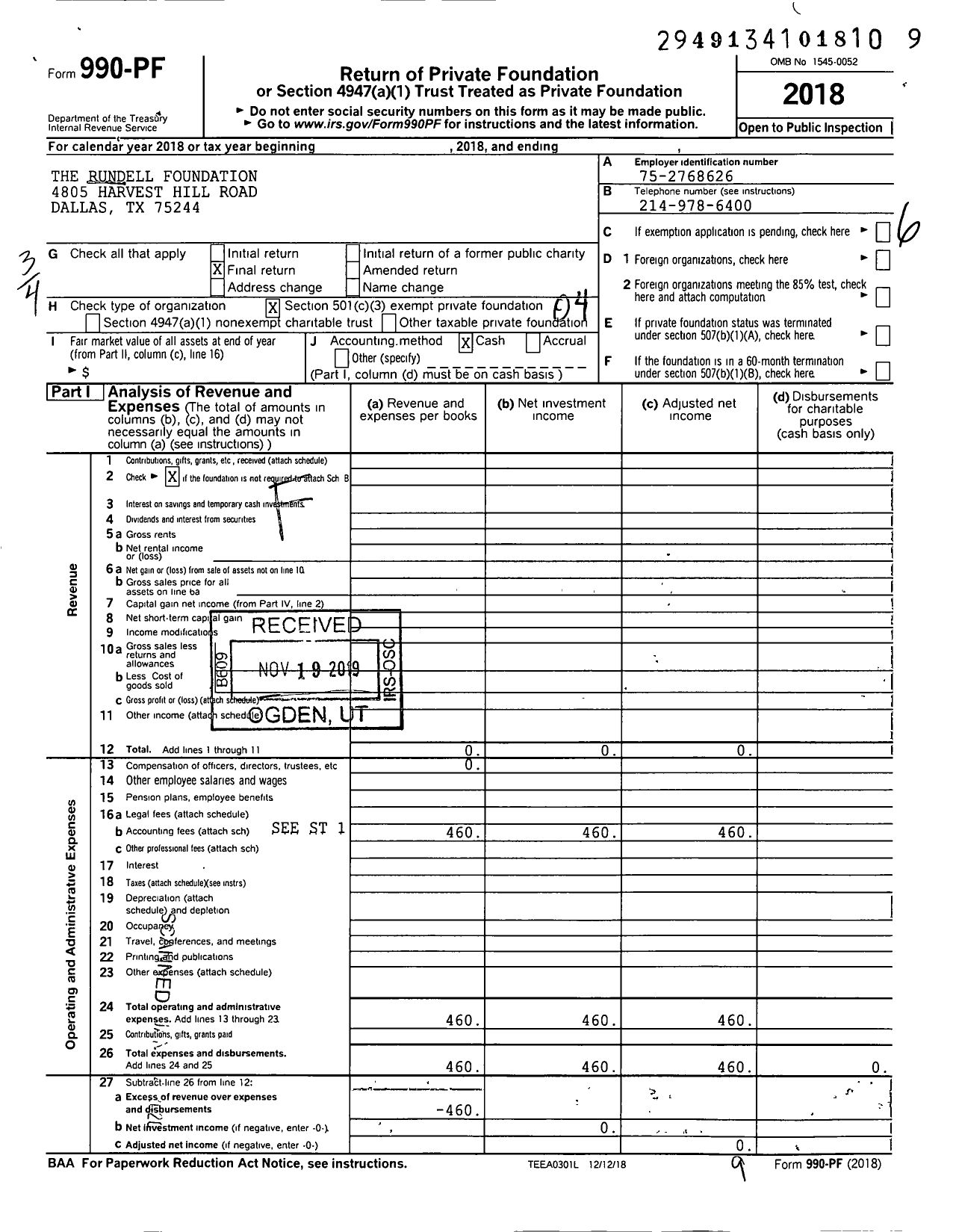 Image of first page of 2018 Form 990PF for Rundell Foundation