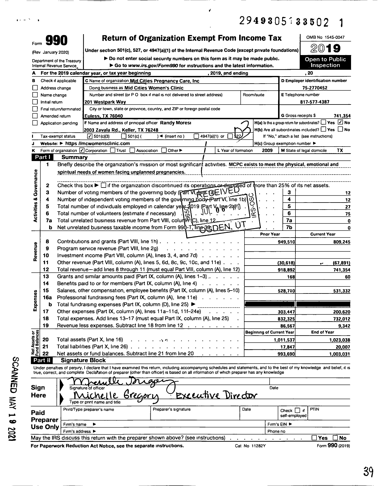 Image of first page of 2019 Form 990 for Mid Cities Womens Clinic (MCPC)