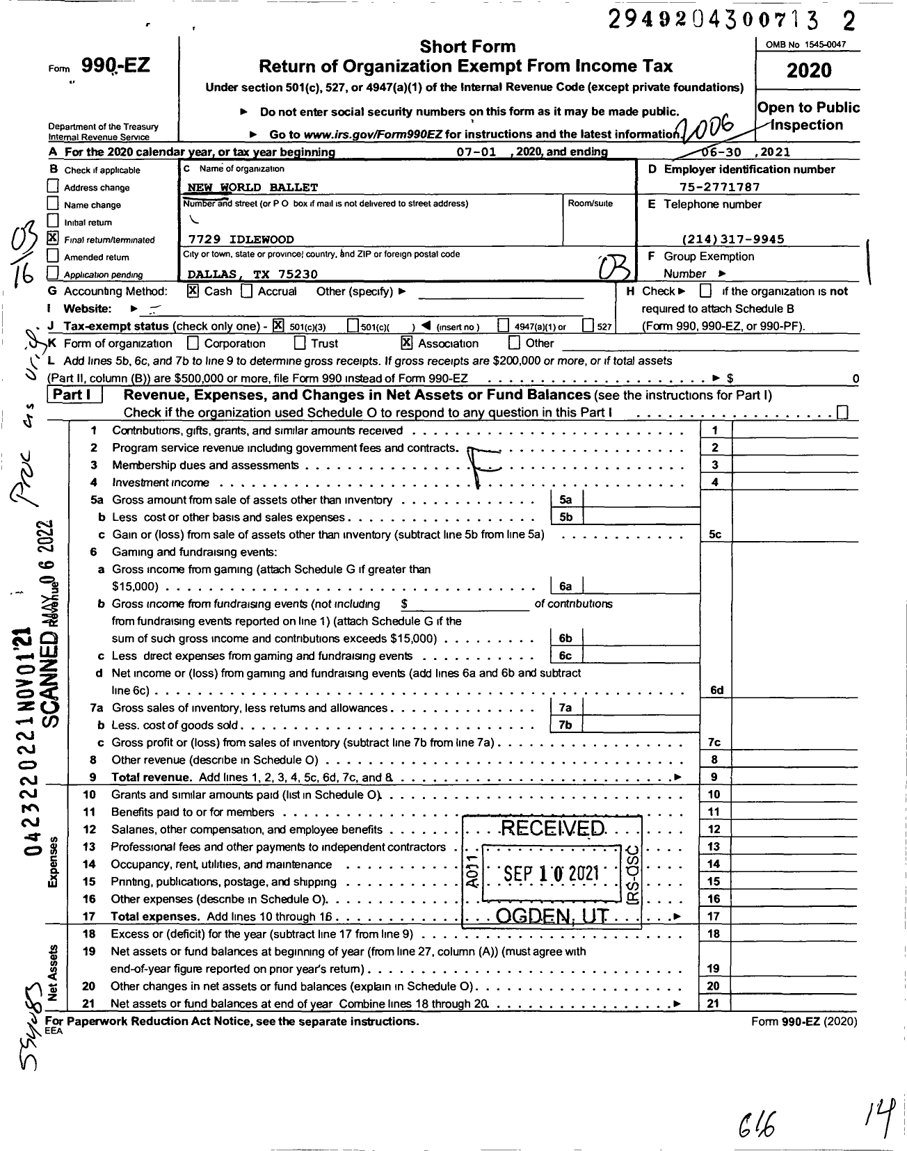 Image of first page of 2019 Form 990EZ for New World Ballet