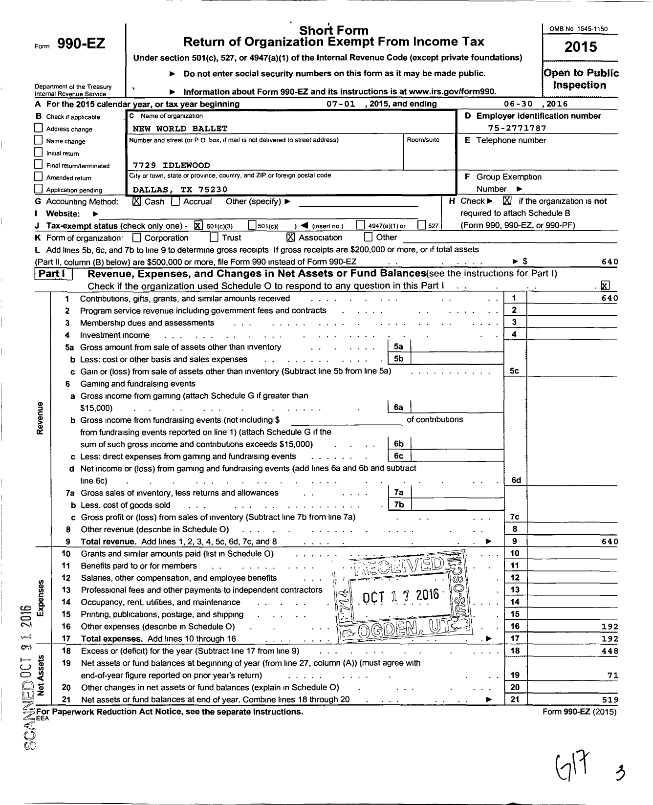 Image of first page of 2015 Form 990EZ for New World Ballet