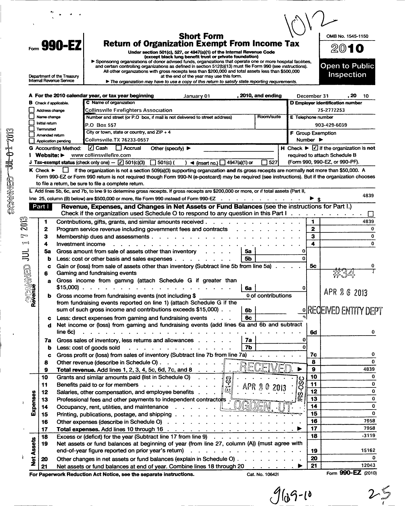 Image of first page of 2010 Form 990EZ for Collinsville Firefighters Association