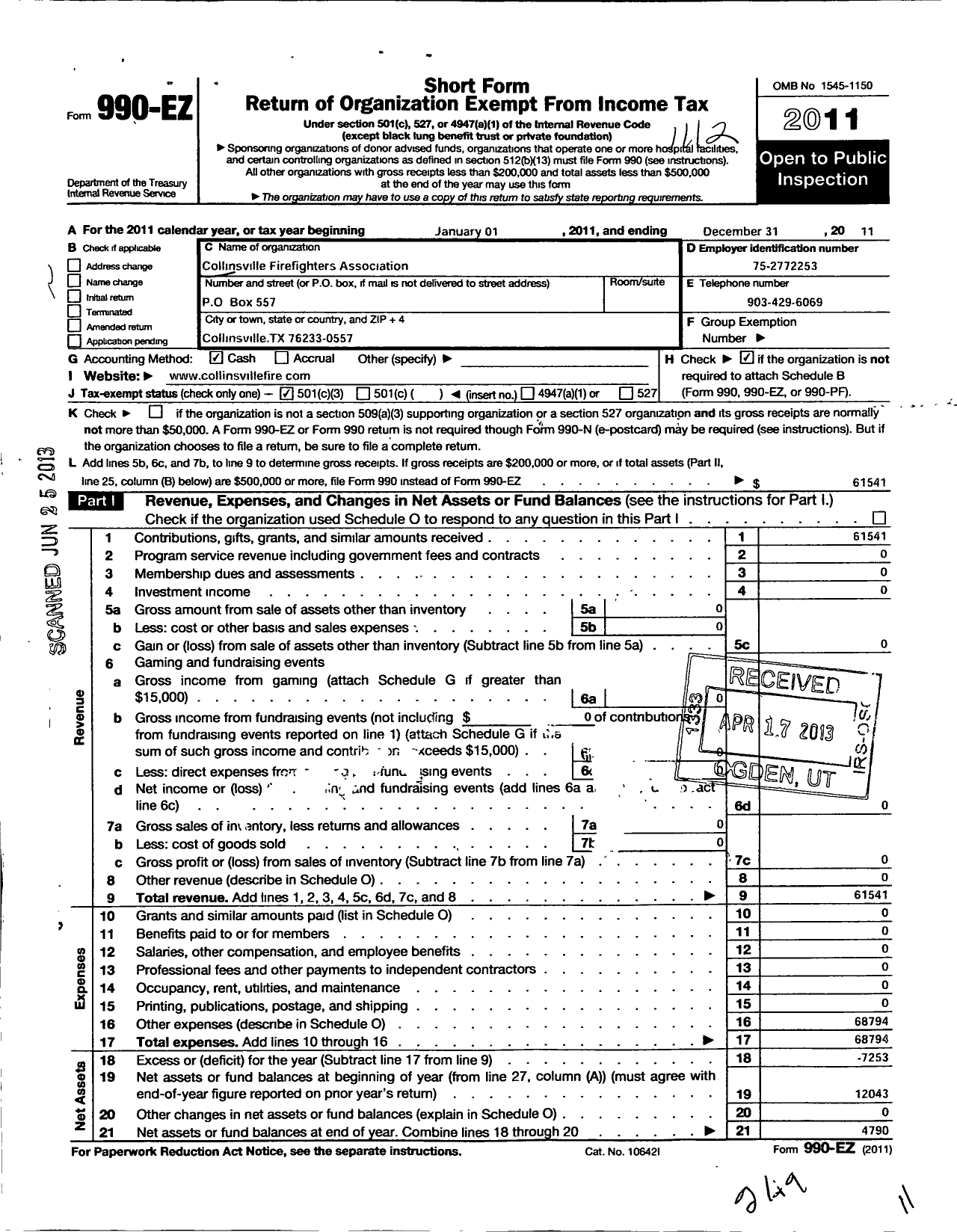 Image of first page of 2011 Form 990EZ for Collinsville Firefighters Association