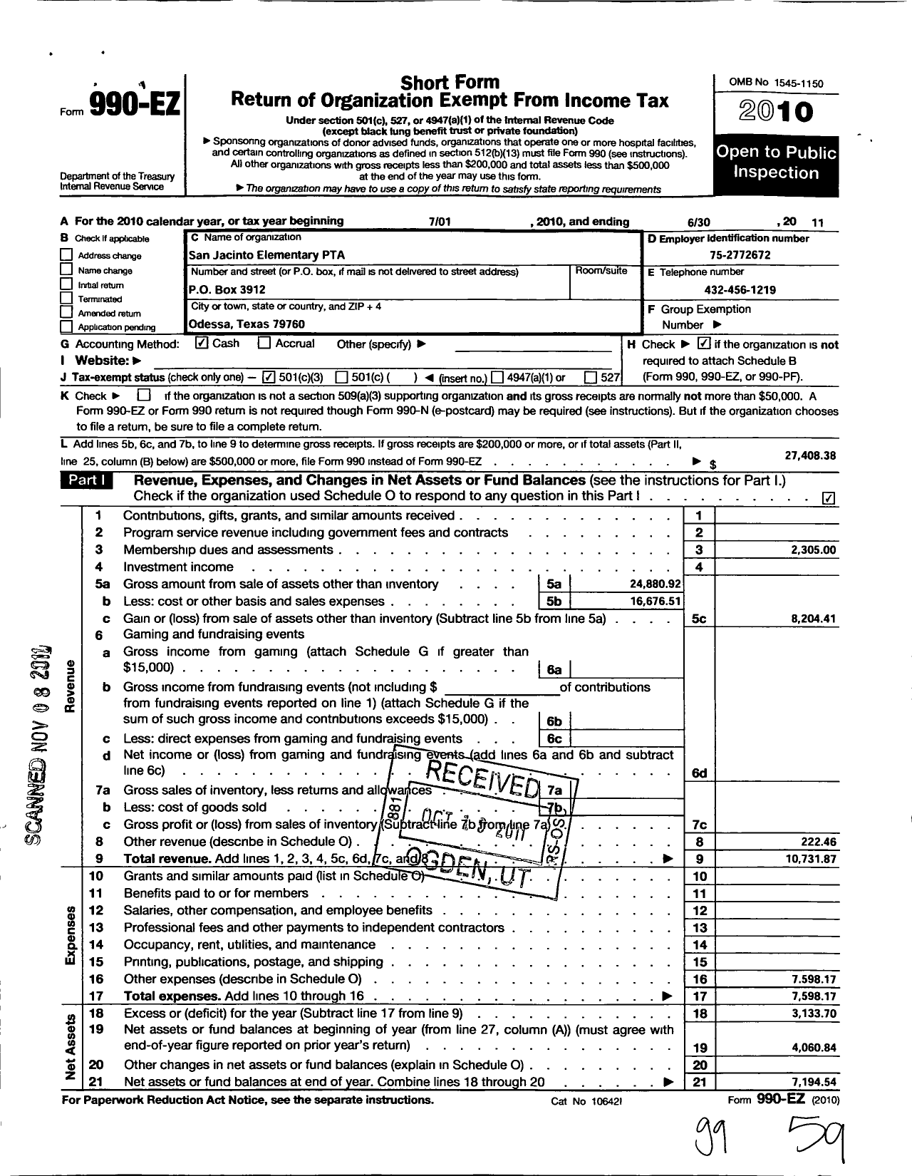 Image of first page of 2010 Form 990EZ for PTA Texas Congress