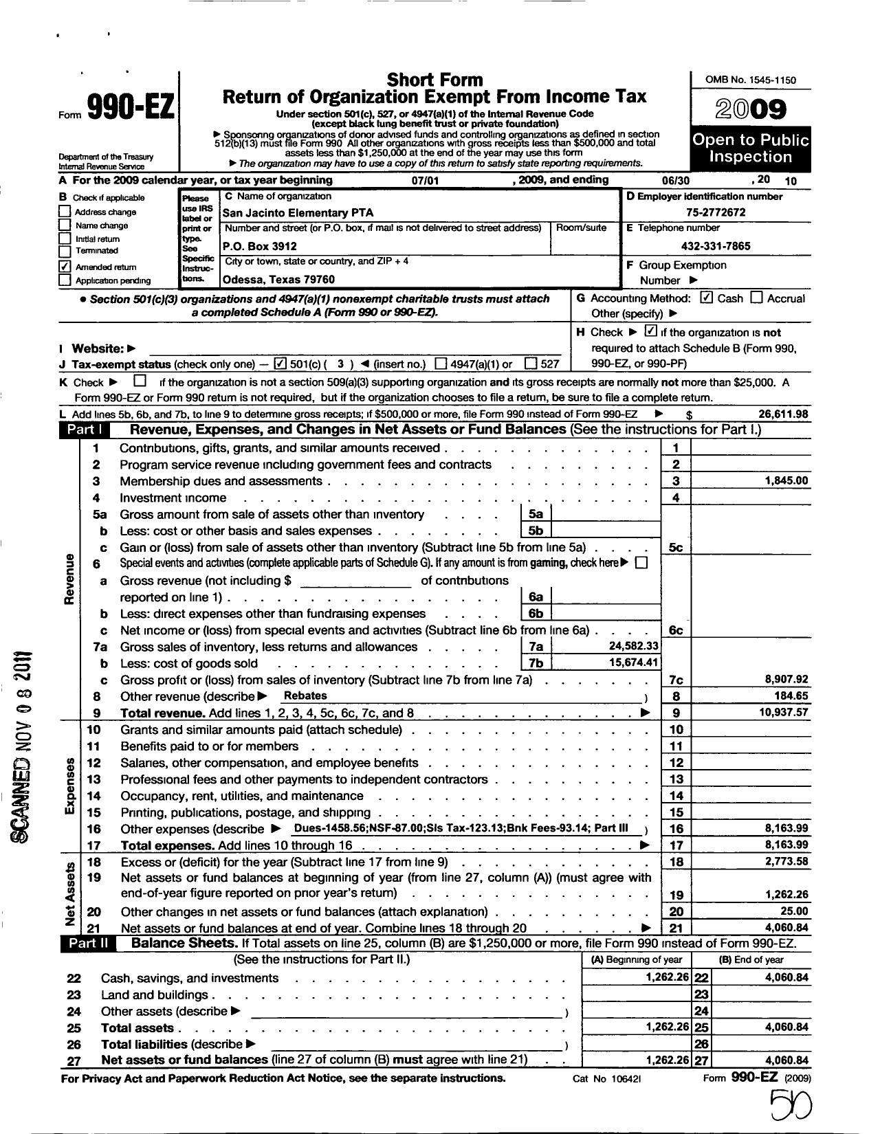 Image of first page of 2009 Form 990EZ for PTA Texas Congress