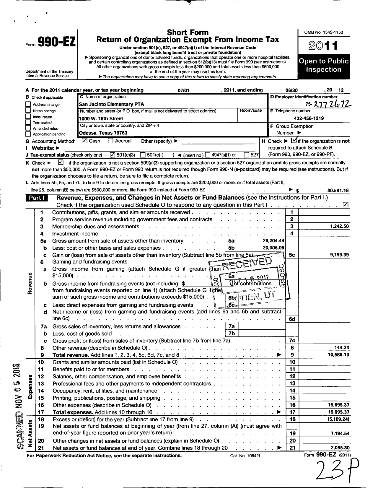 Image of first page of 2011 Form 990EZ for PTA Texas Congress