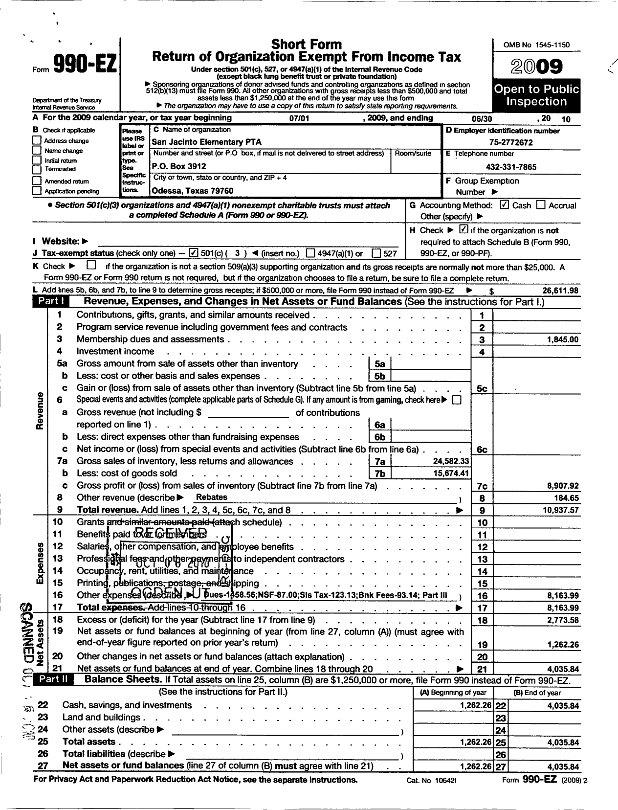 Image of first page of 2009 Form 990EZ for PTA Texas Congress