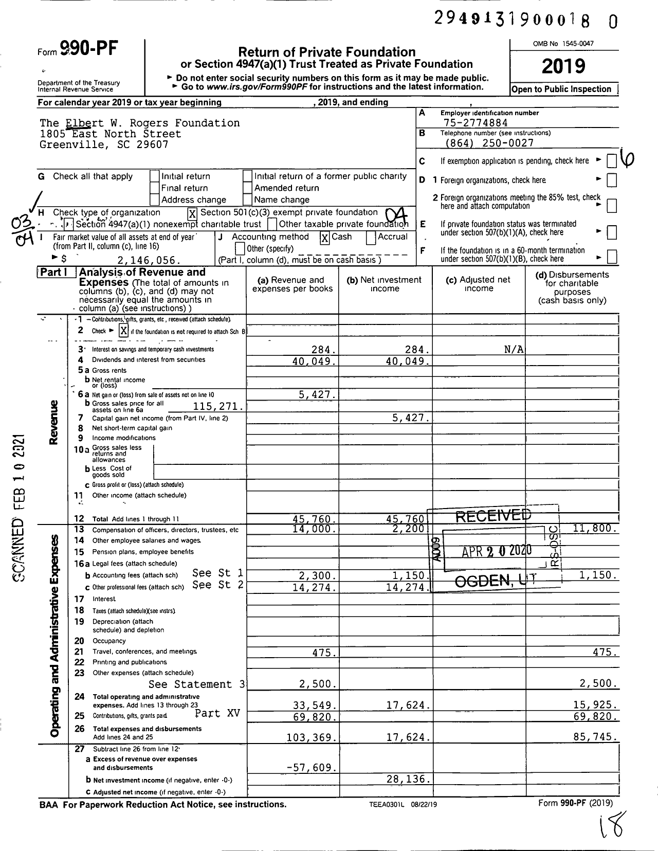 Image of first page of 2019 Form 990PF for Elbert W Rogers Foundation