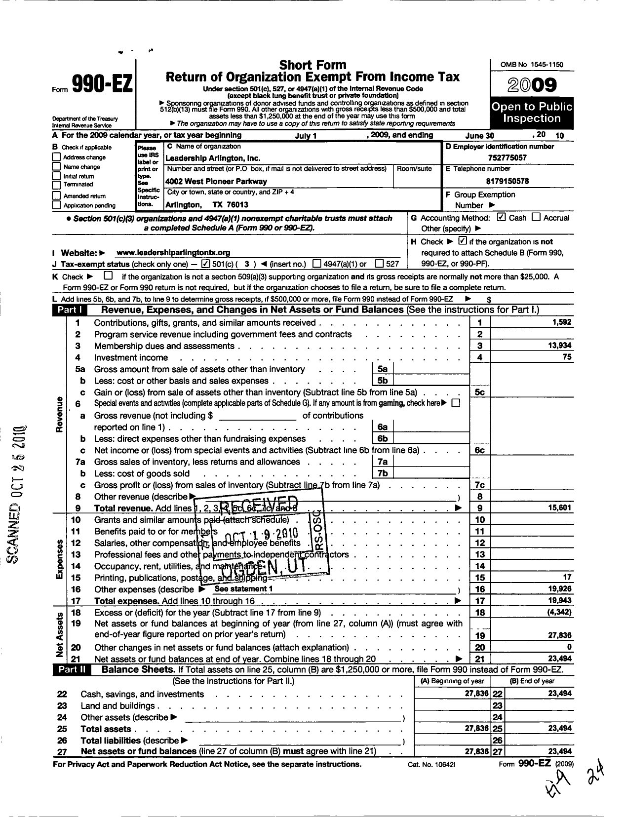 Image of first page of 2009 Form 990EZ for Leadership Arlington