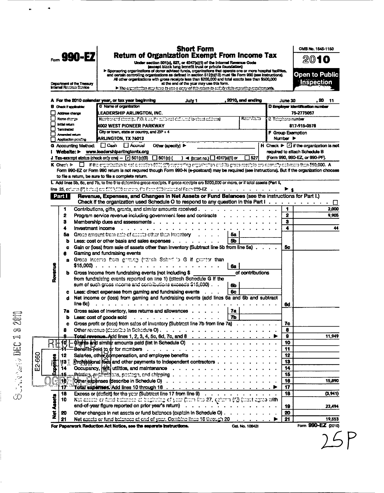 Image of first page of 2010 Form 990EZ for Leadership Arlington