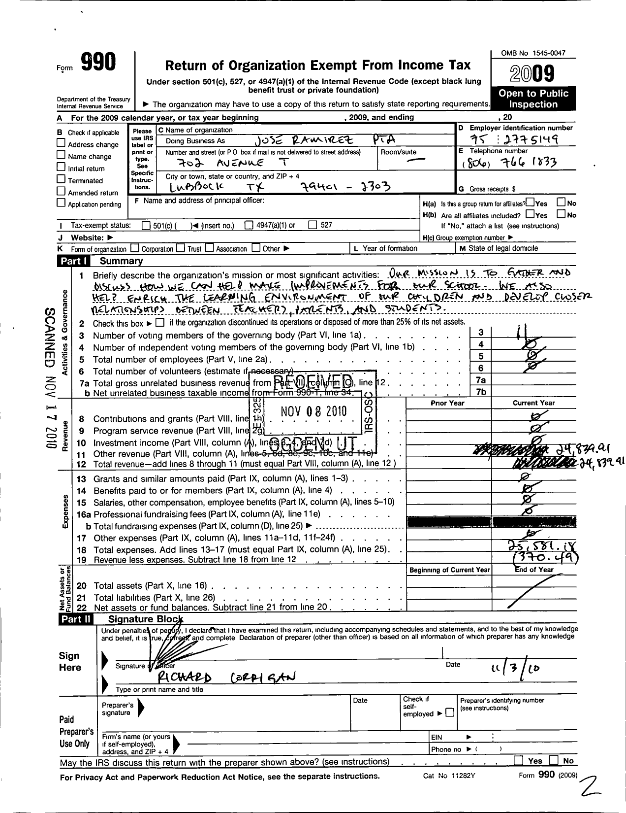 Image of first page of 2009 Form 990O for Texas PTA - 6340 Jose Ramirez Elementary PTA