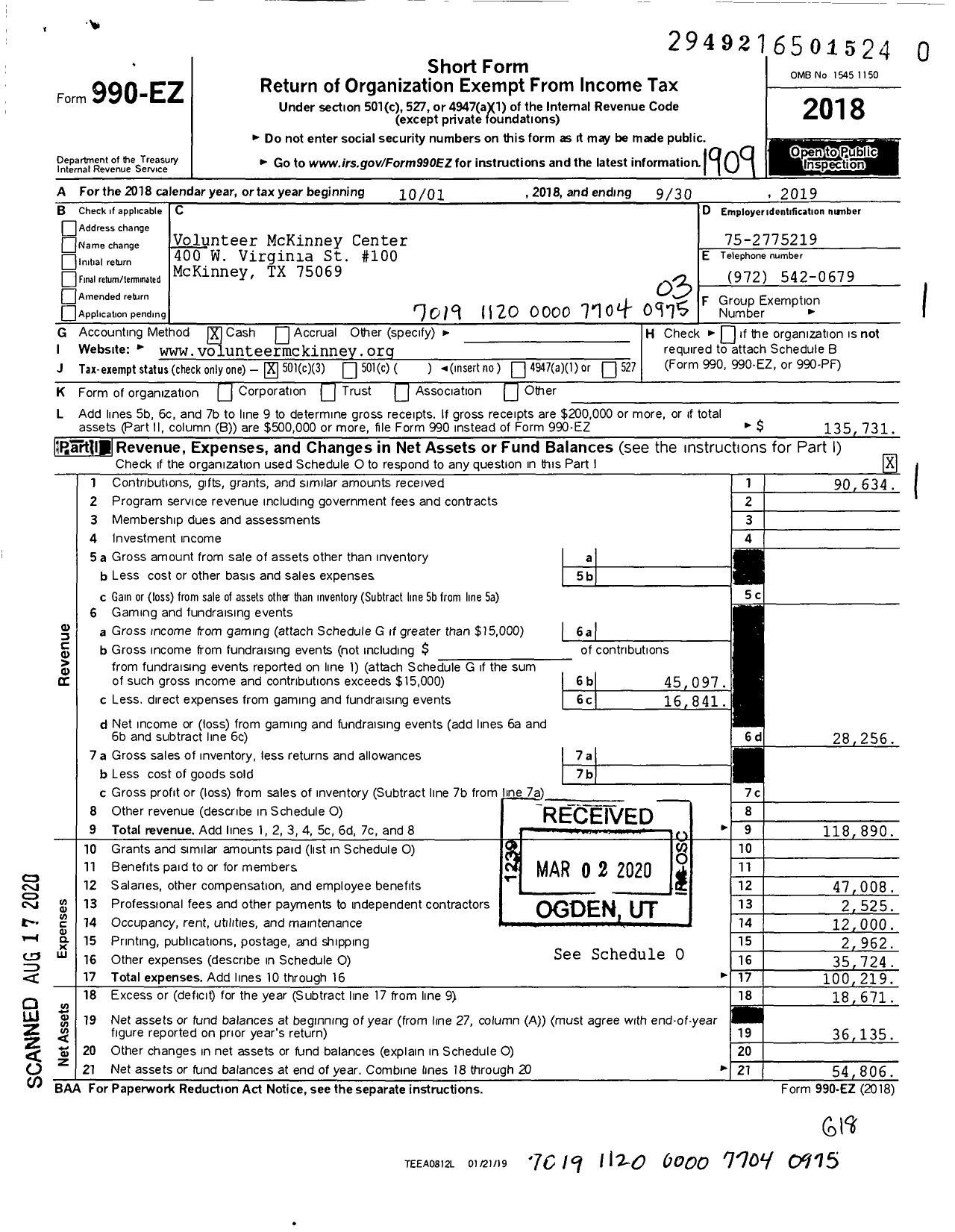 Image of first page of 2018 Form 990EZ for Volunteer McKinney Center