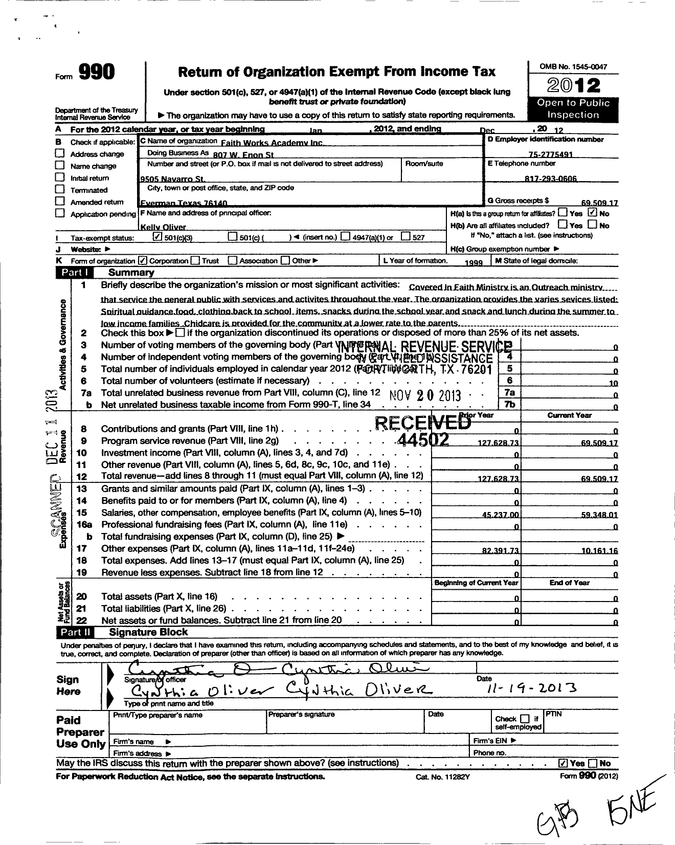 Image of first page of 2012 Form 990 for Faith Works Academy