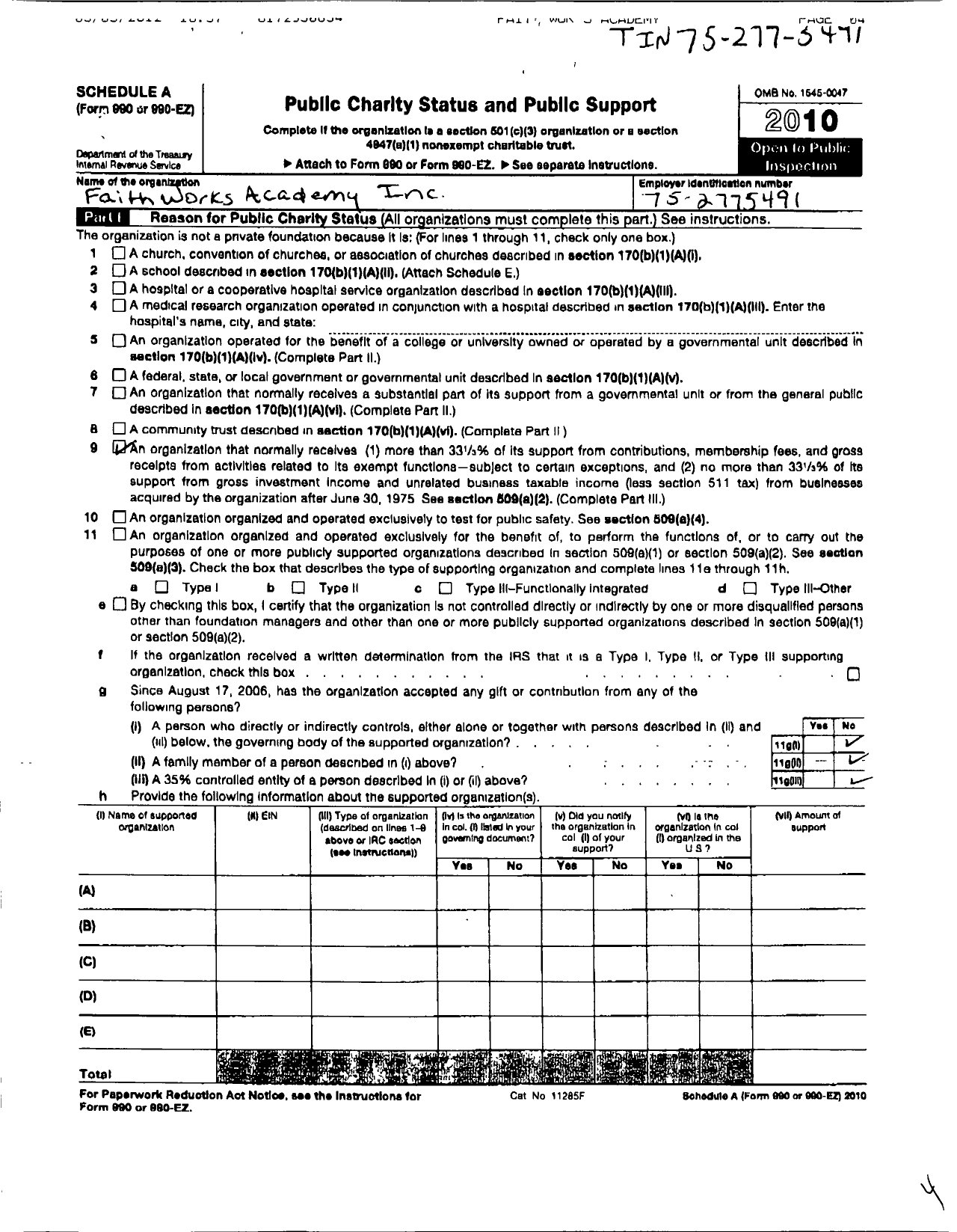 Image of first page of 2010 Form 990R for Faith Works Academy