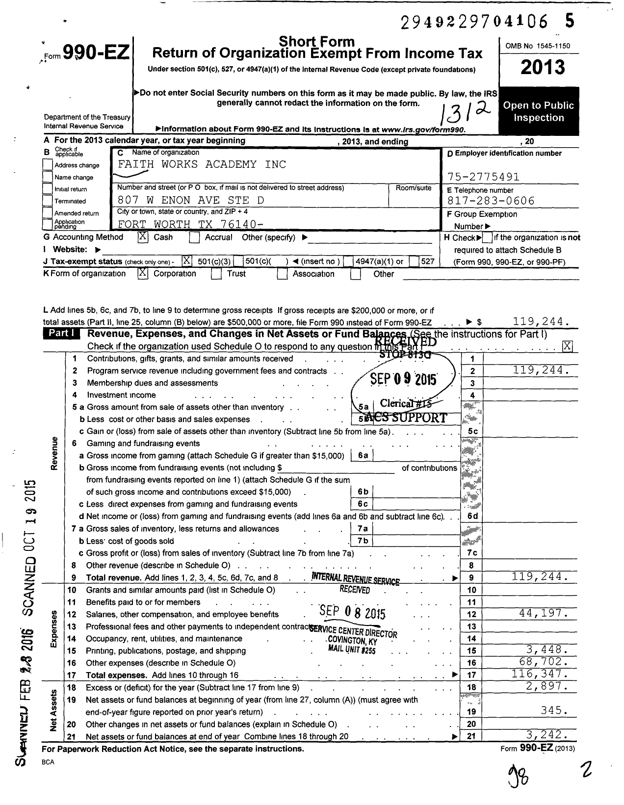 Image of first page of 2013 Form 990EZ for Faith Works Academy