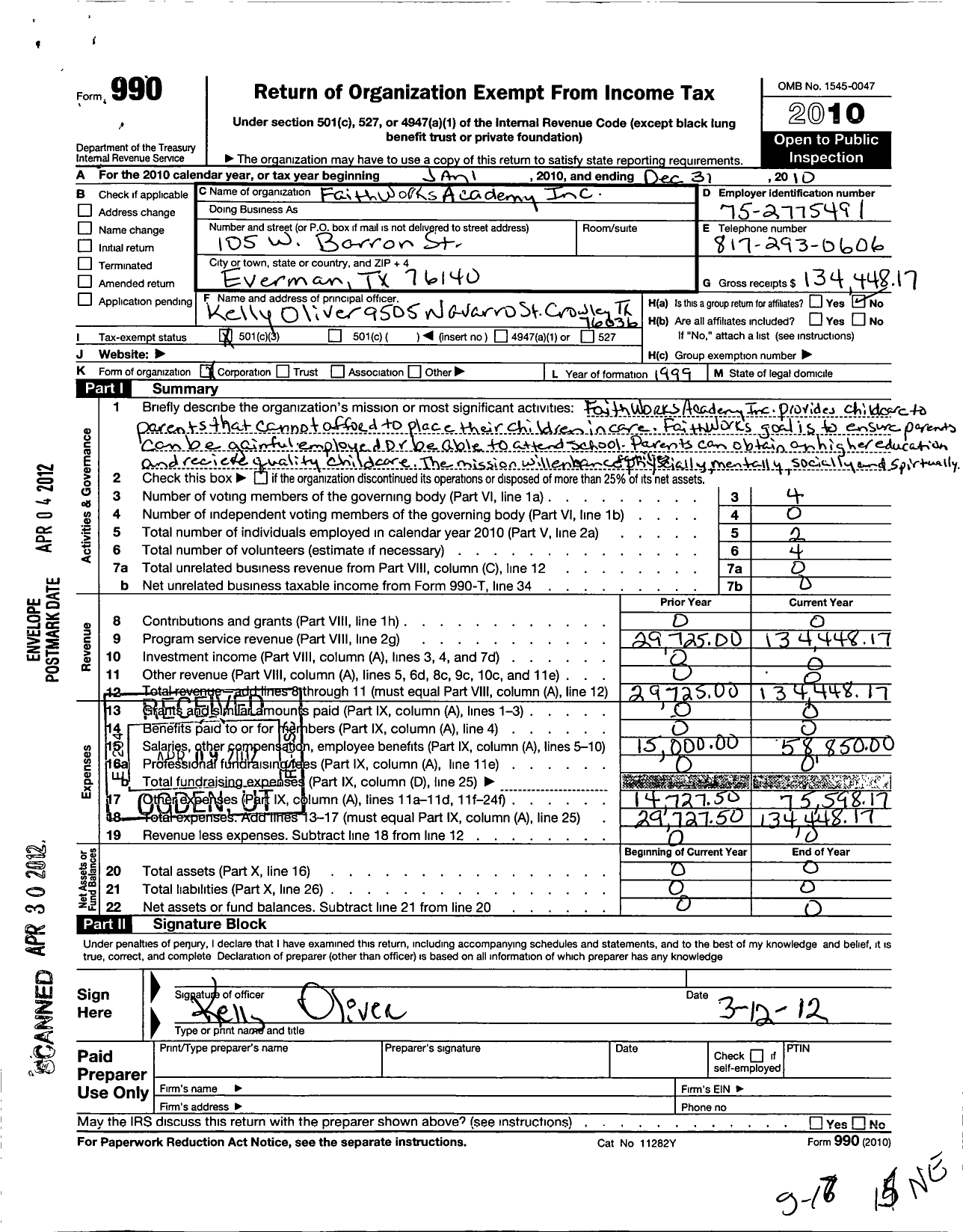 Image of first page of 2010 Form 990 for Faith Works Academy