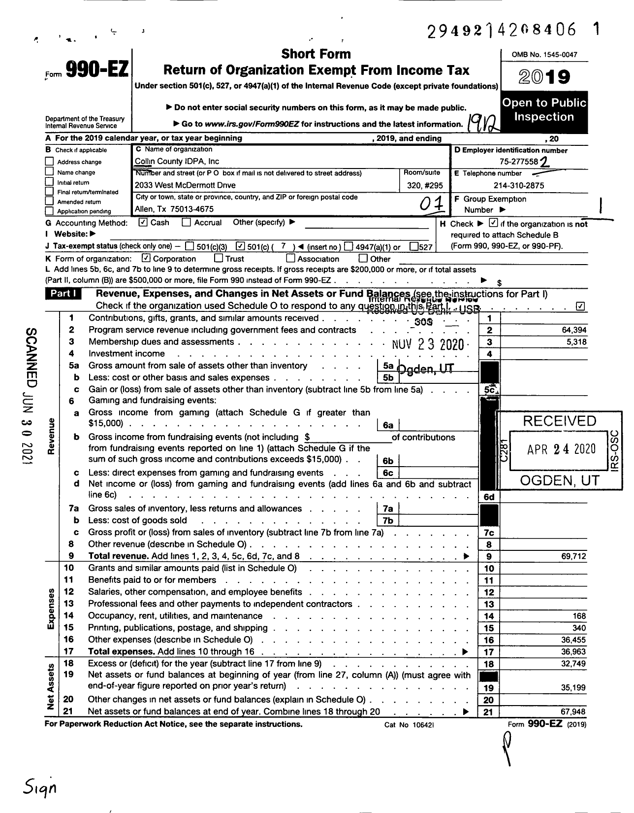 Image of first page of 2019 Form 990EO for Collin County Idpa