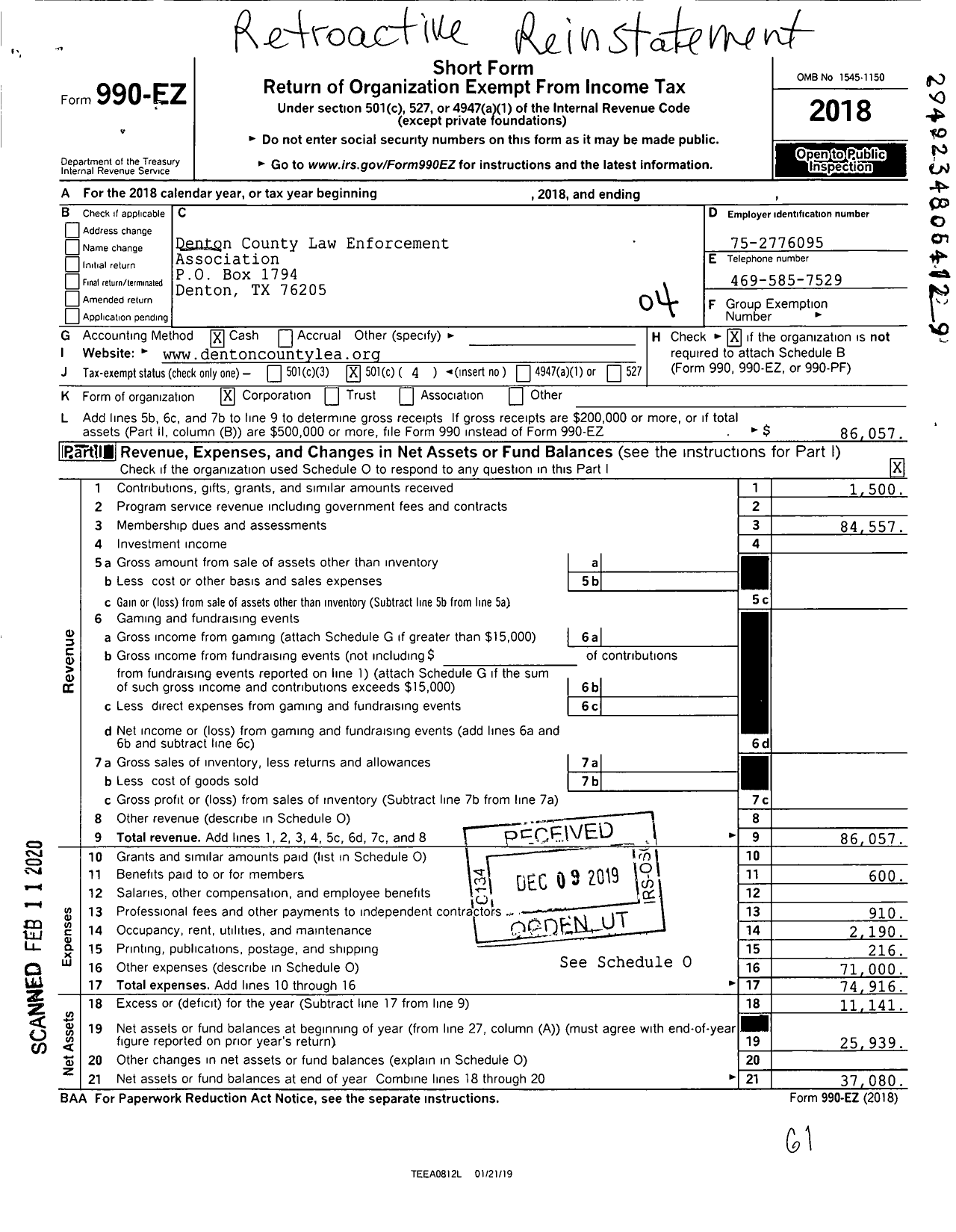 Image of first page of 2018 Form 990EO for Denton County Law Enforcement Association