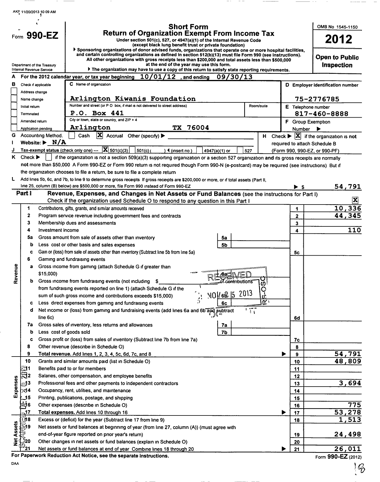 Image of first page of 2012 Form 990EZ for Arlington Kiwanis Foundation