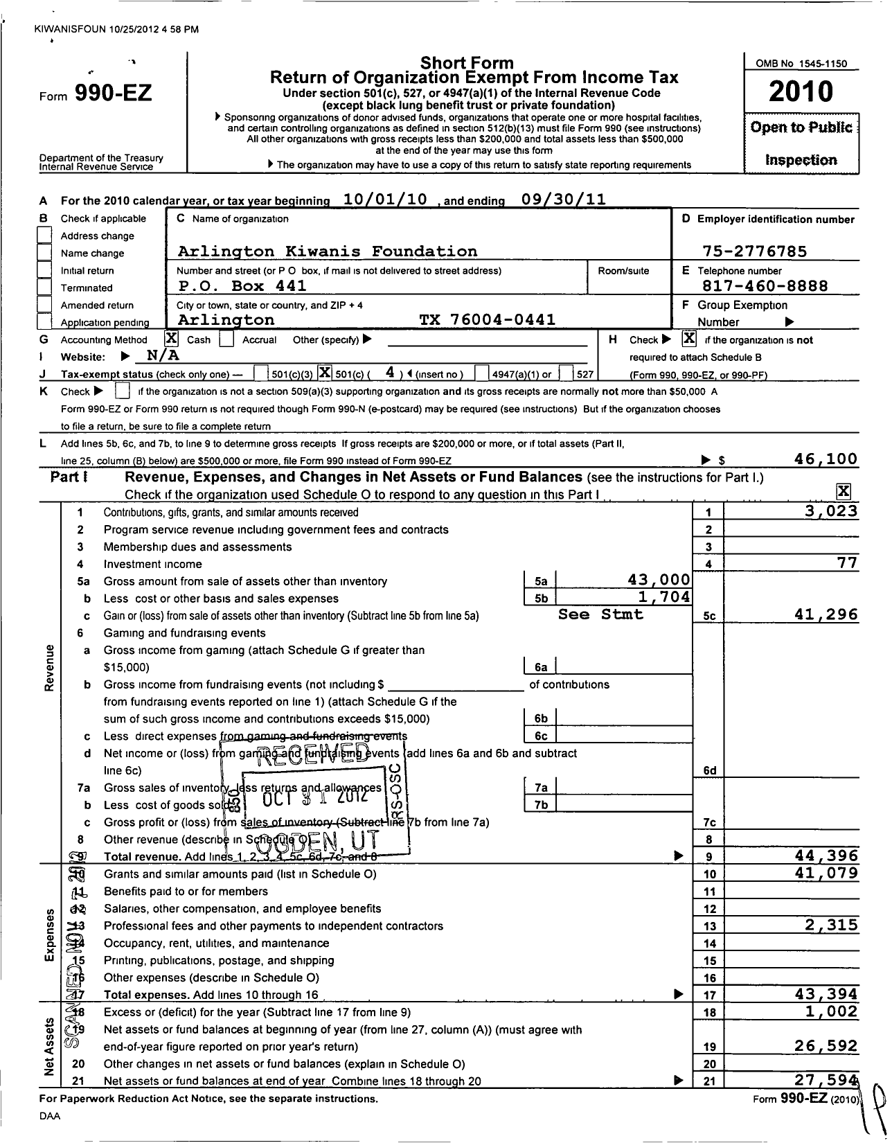 Image of first page of 2010 Form 990EO for Arlington Kiwanis Foundation