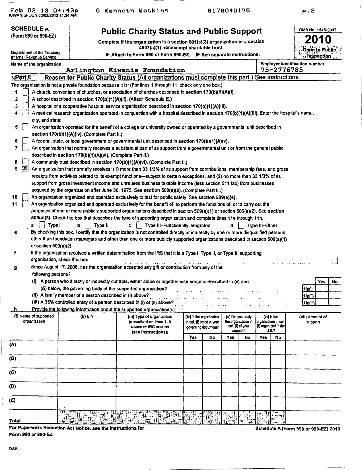 Image of first page of 2009 Form 990ER for Arlington Kiwanis Foundation