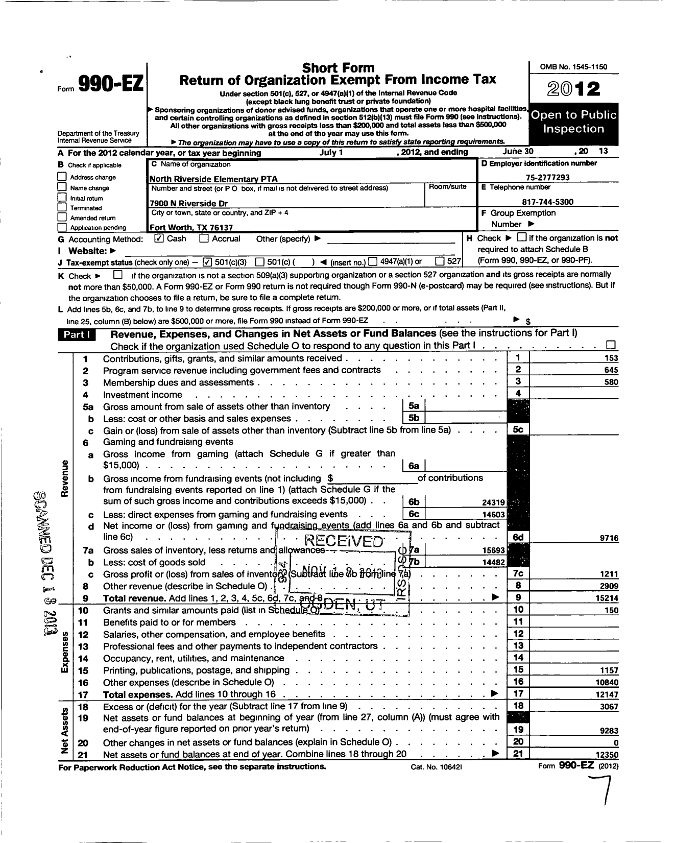 Image of first page of 2012 Form 990EZ for Texas PTA - 5731 North Riverside Elementary