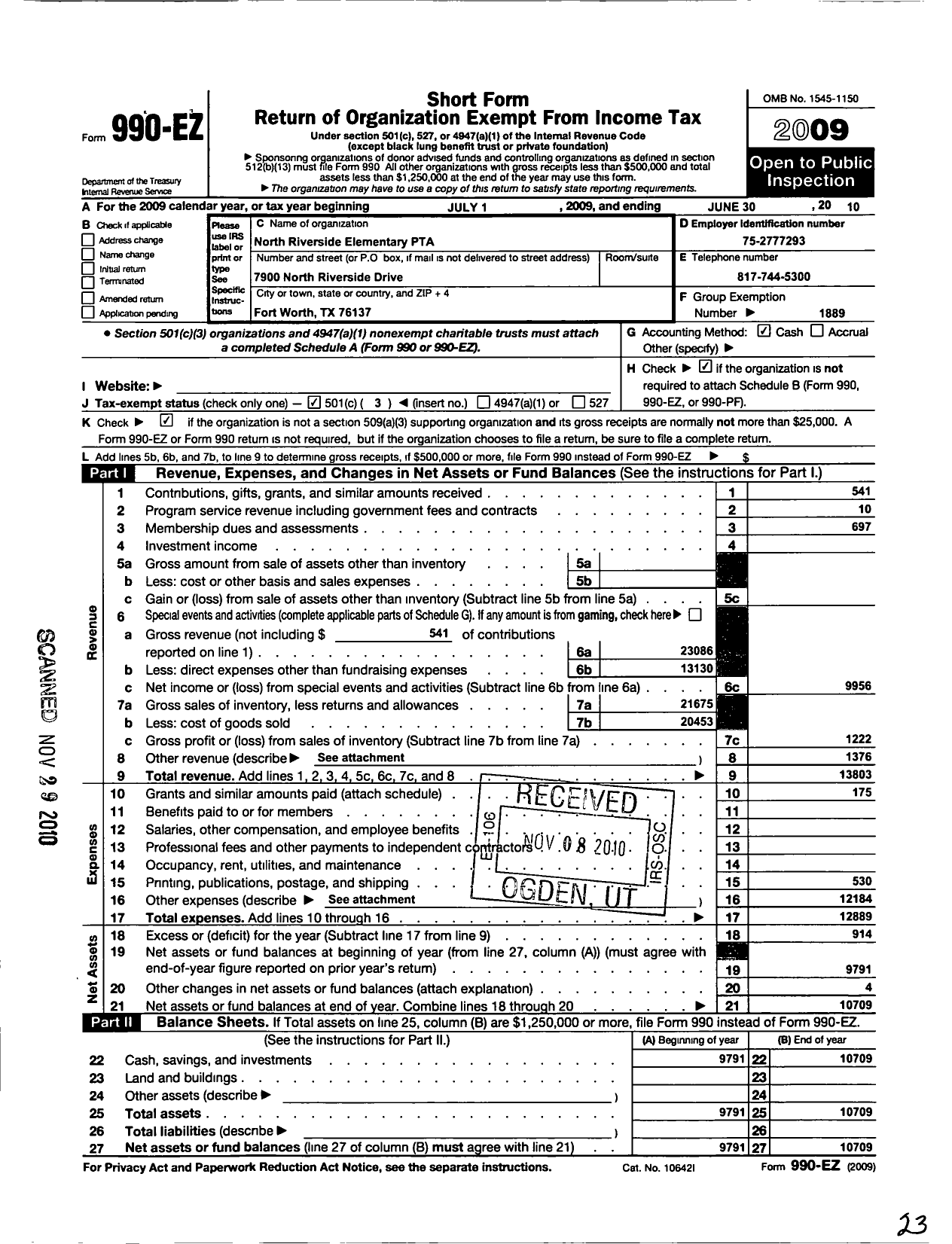 Image of first page of 2009 Form 990EZ for Texas PTA - 5731 North Riverside Elementary