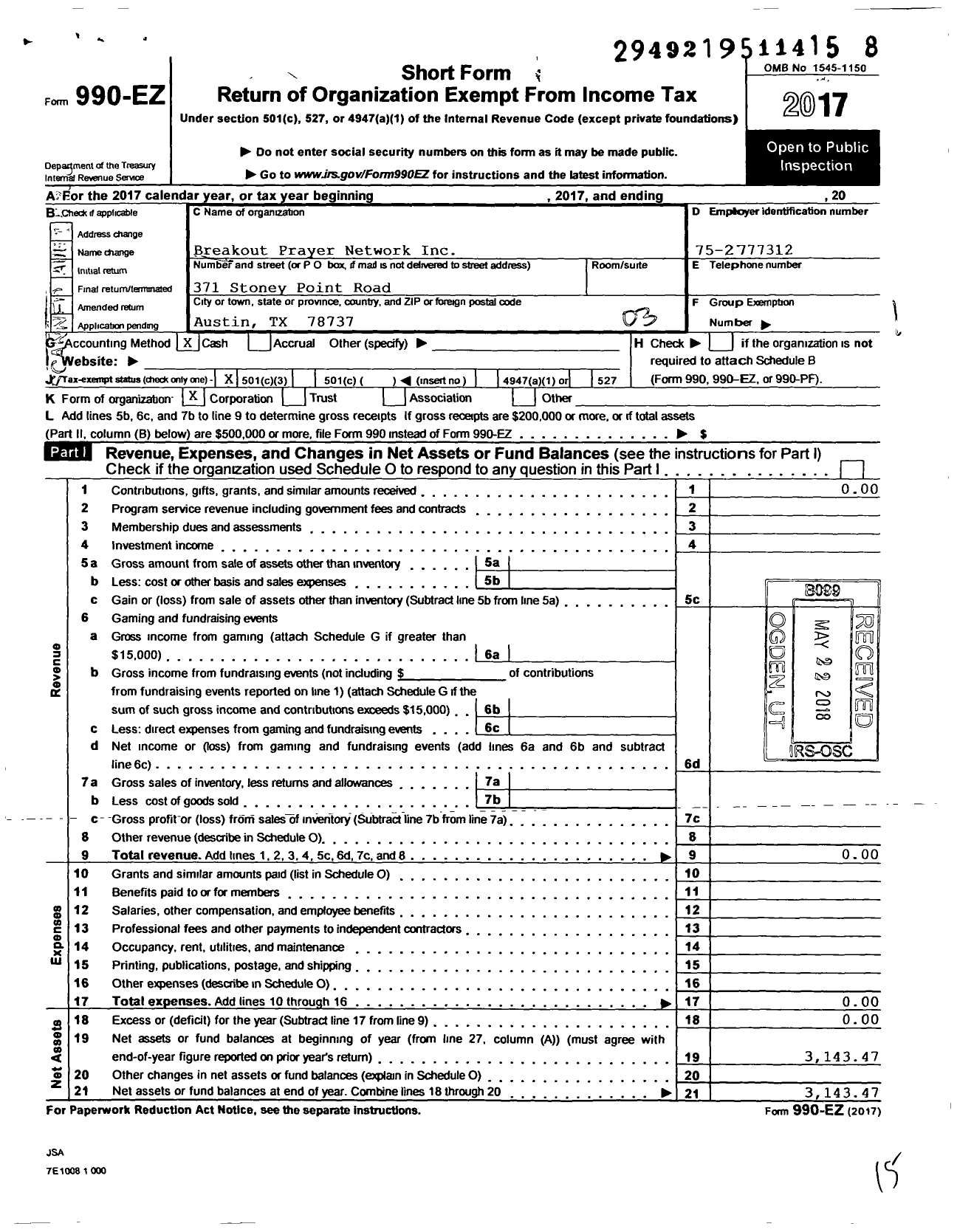 Image of first page of 2017 Form 990EZ for Breakout Prayer Network