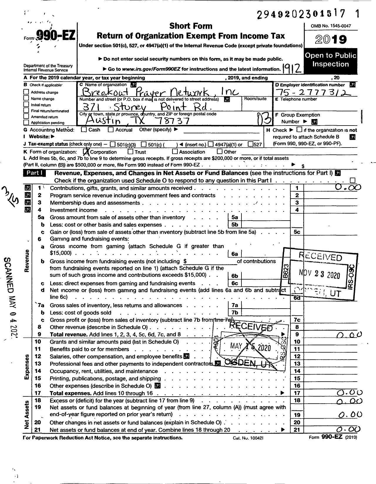 Image of first page of 2019 Form 990EZ for Breakout Prayer Network