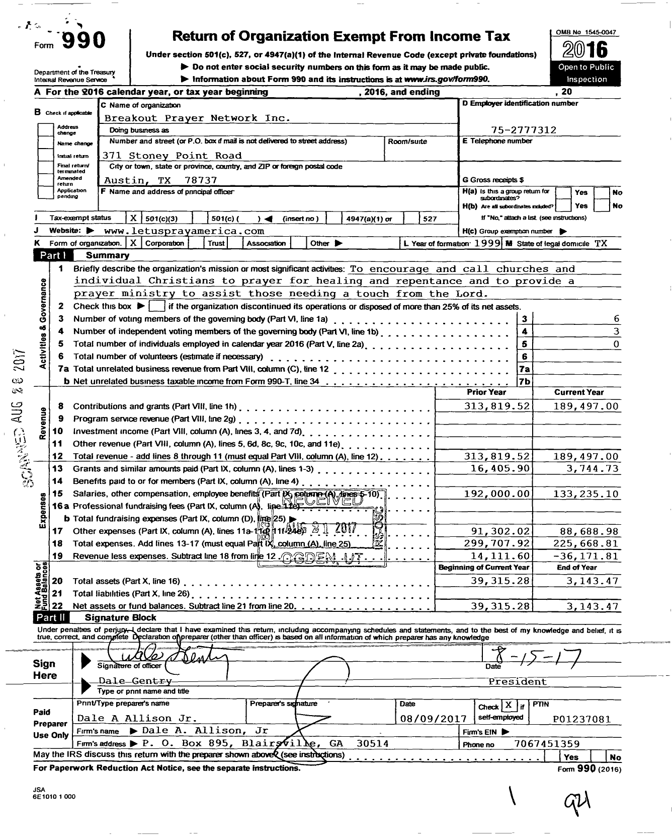 Image of first page of 2016 Form 990 for Breakout Prayer Network