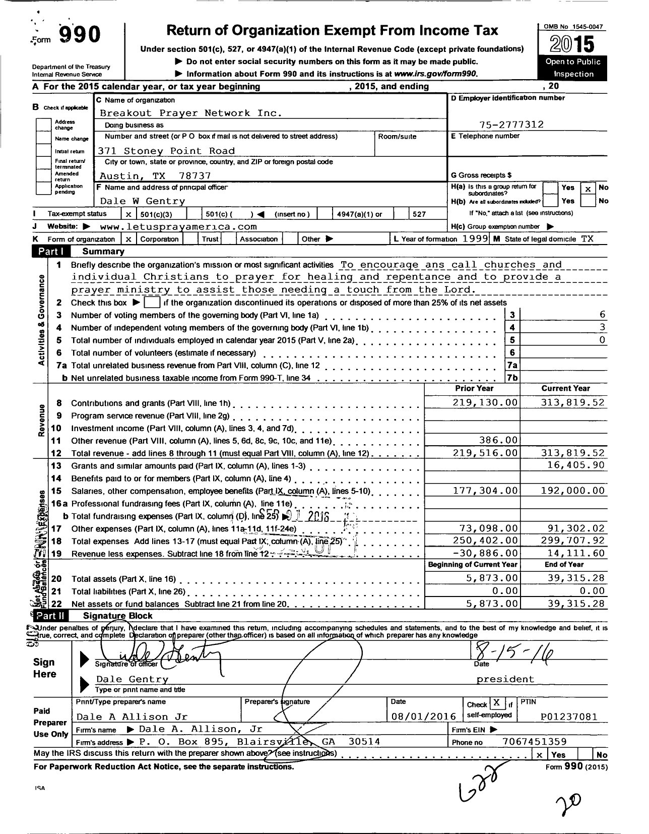 Image of first page of 2015 Form 990 for Breakout Prayer Network