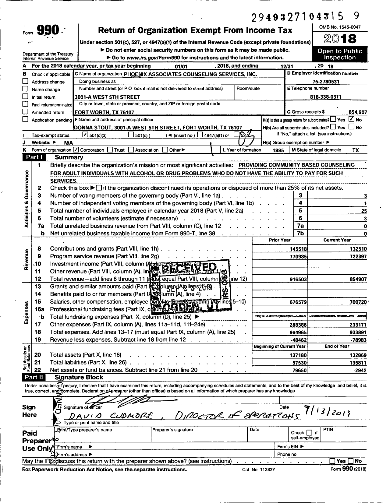 Image of first page of 2018 Form 990 for Phoenix Association Counseling Services