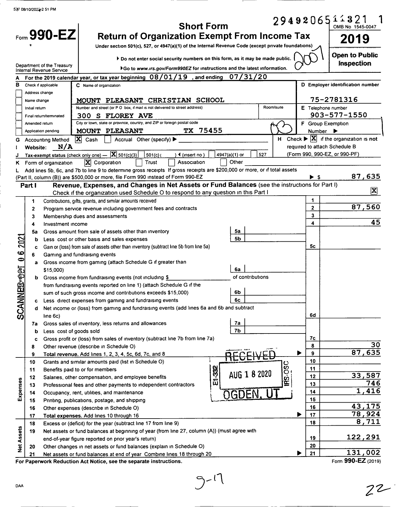 Image of first page of 2019 Form 990EZ for Mount Pleasant Christian School