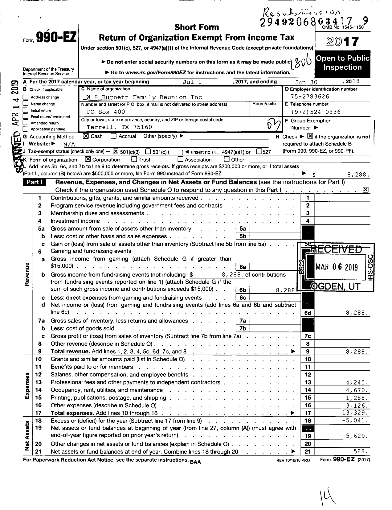 Image of first page of 2017 Form 990EZ for W H Burnett Family Reunion