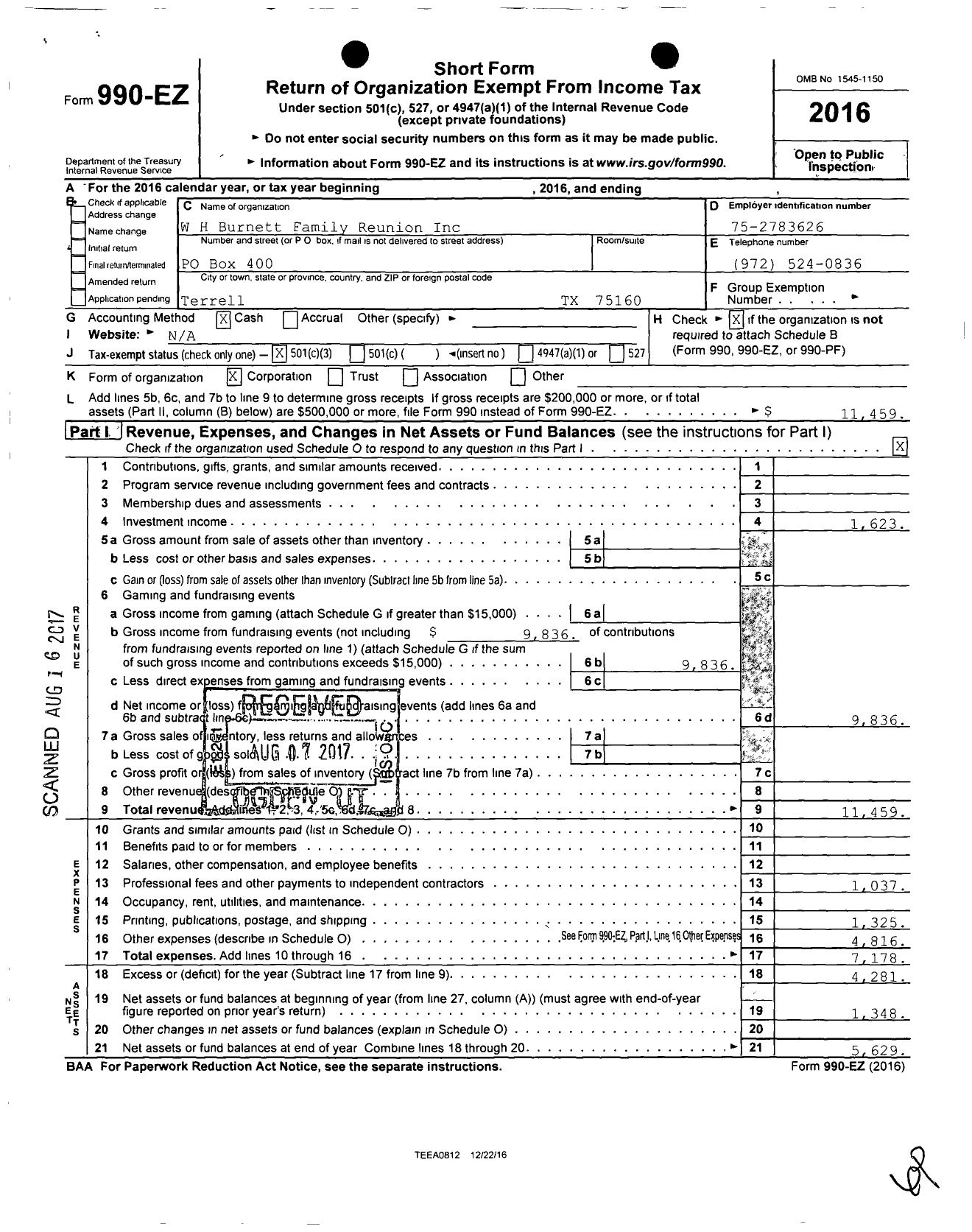 Image of first page of 2016 Form 990EZ for W H Burnett Family Reunion