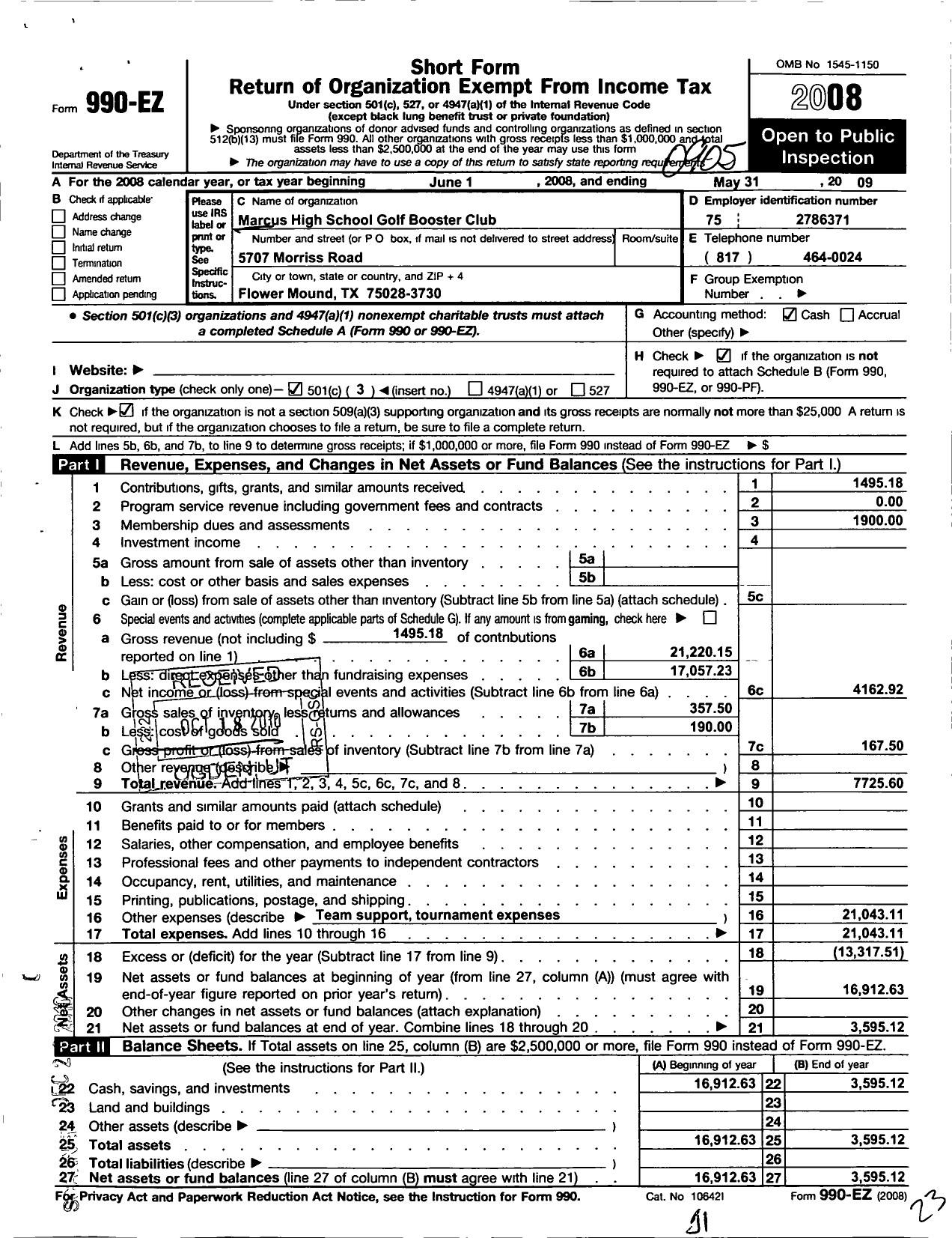 Image of first page of 2008 Form 990EZ for Marcus High School Golf Booster Club