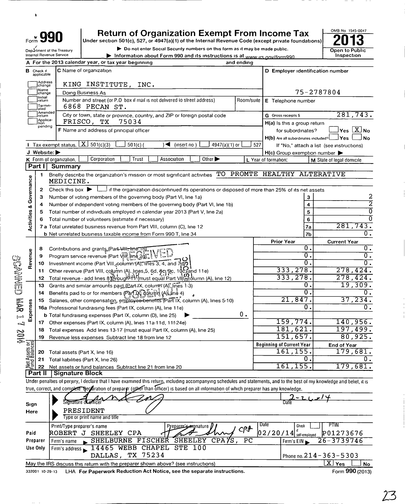 Image of first page of 2013 Form 990 for King Institute