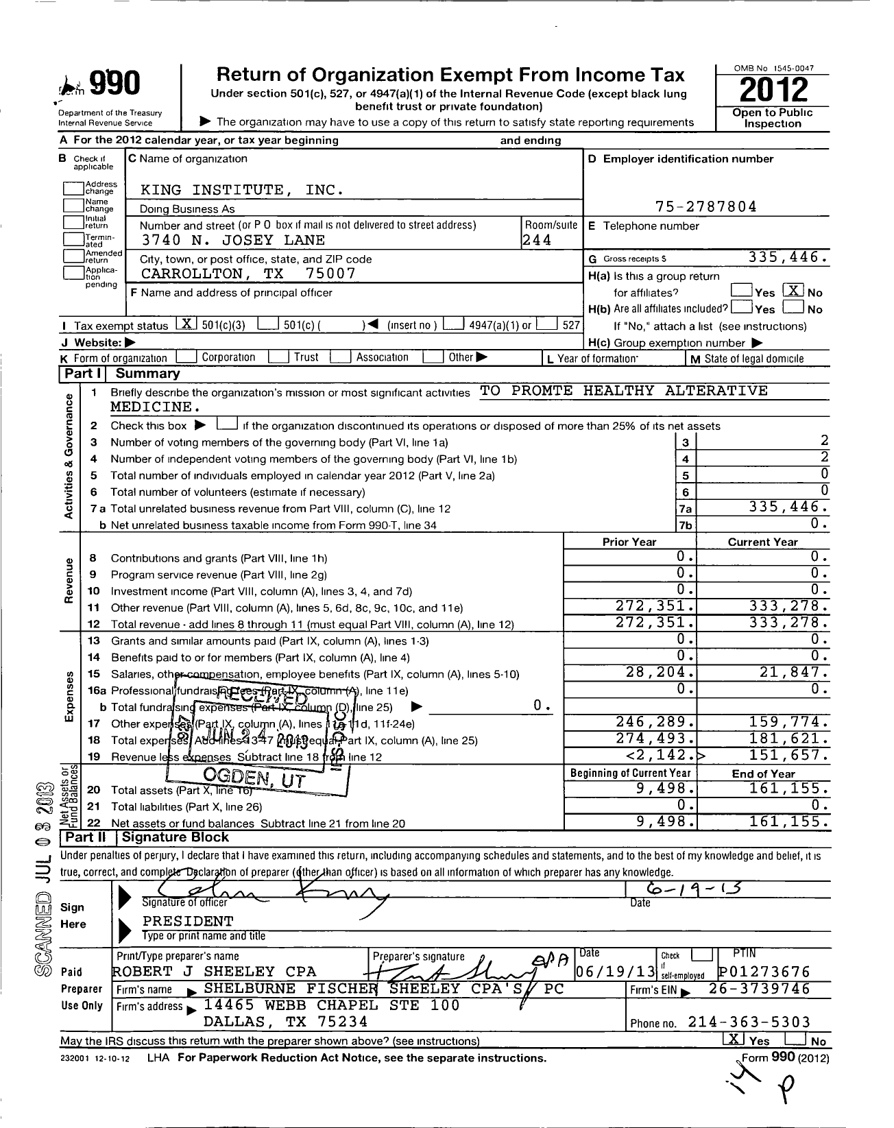 Image of first page of 2012 Form 990 for King Institute