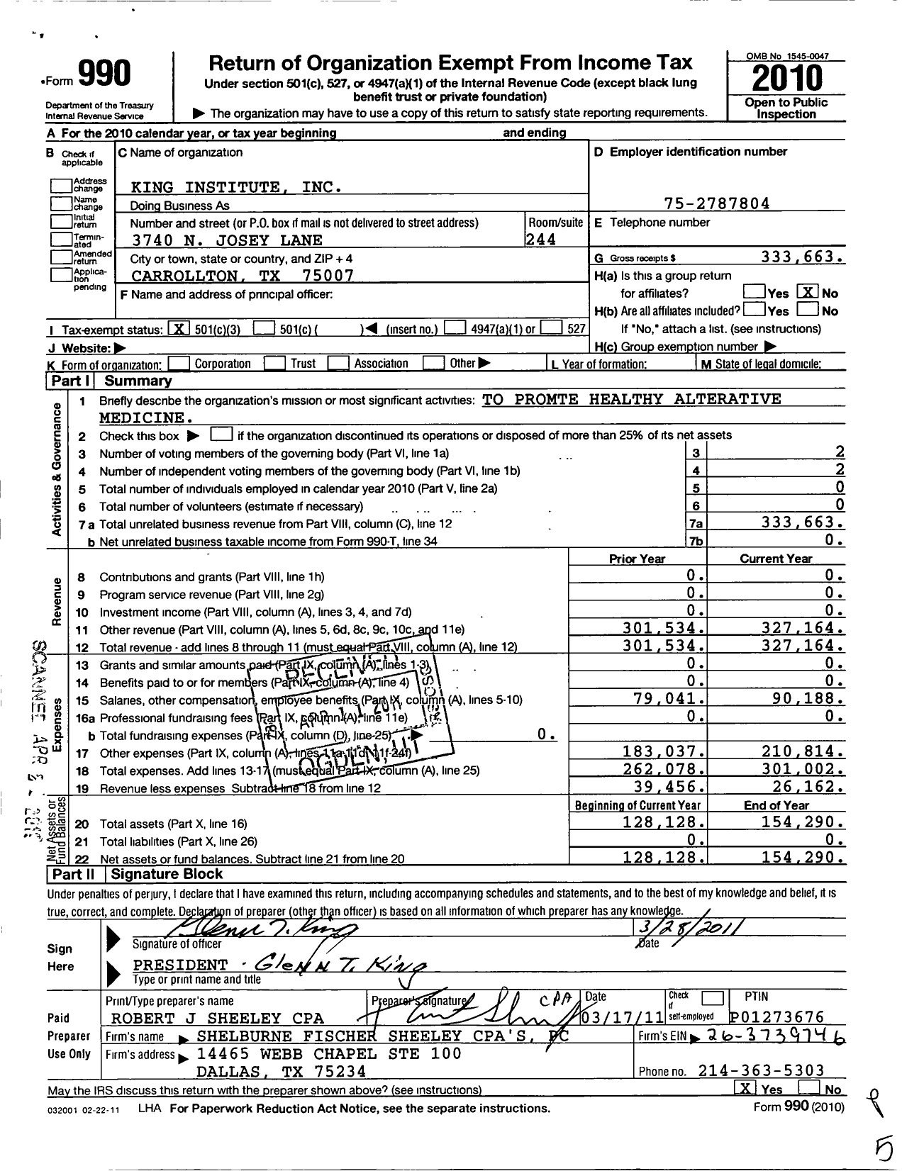 Image of first page of 2010 Form 990 for King Institute