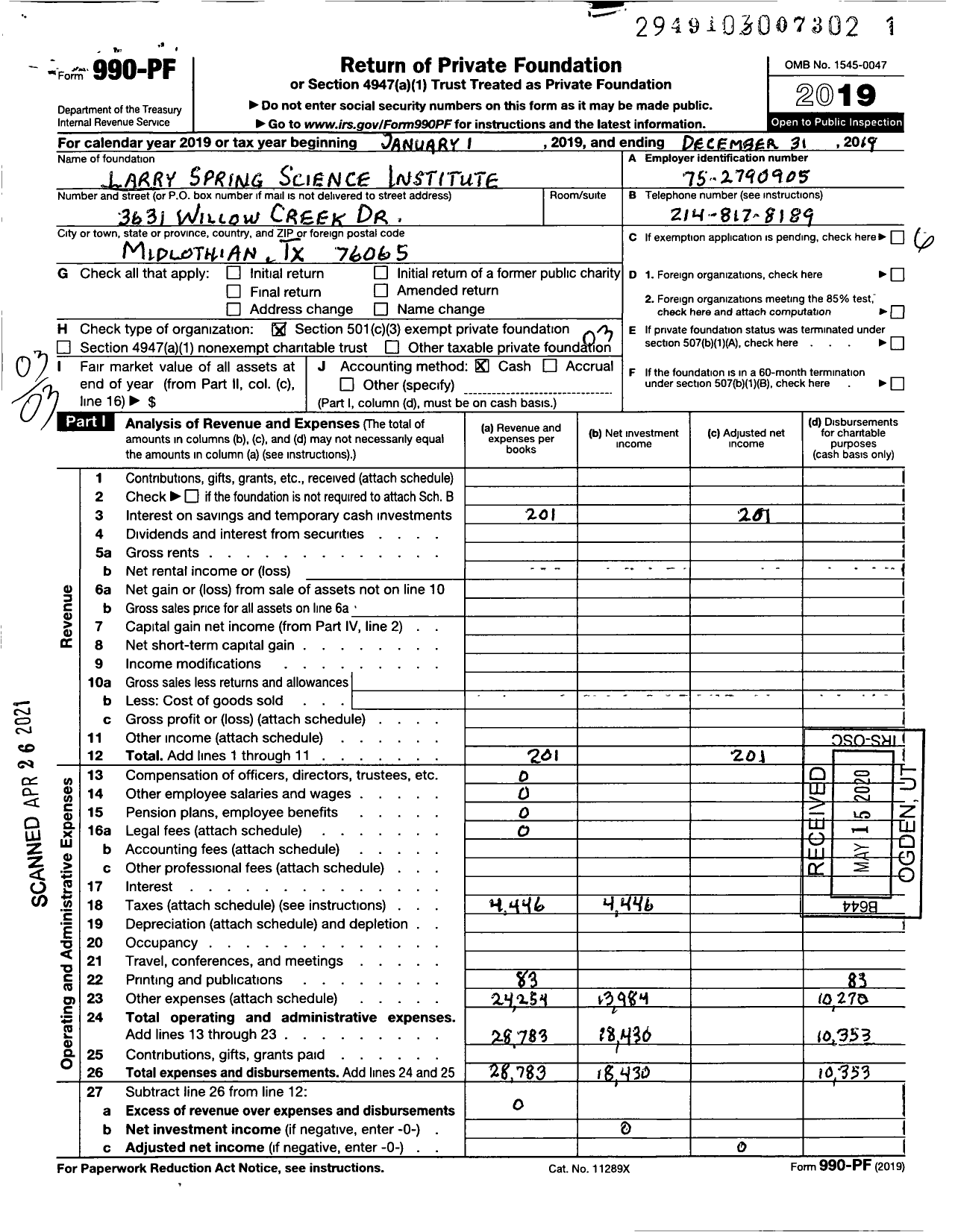 Image of first page of 2019 Form 990PF for Larry Spring Science Institute