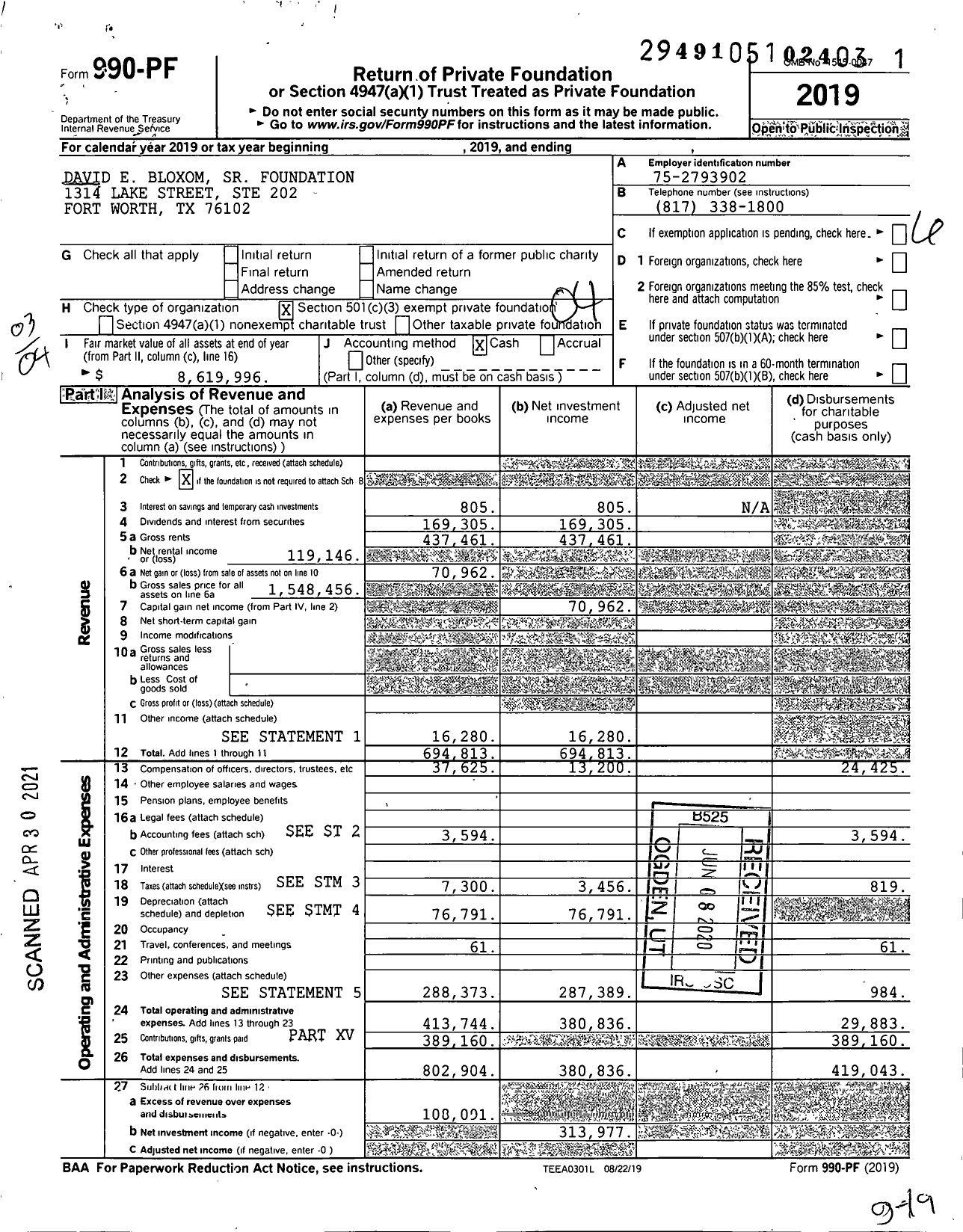 Image of first page of 2019 Form 990PF for David E Bloxom SR Foundation