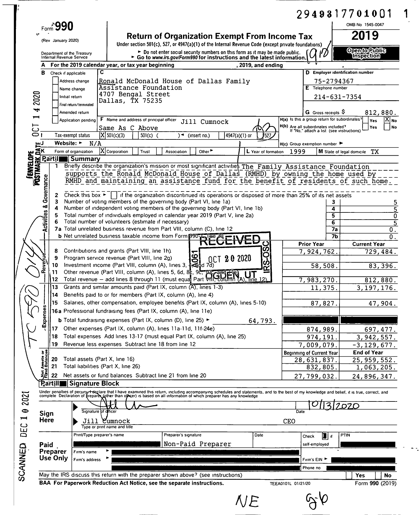 Image of first page of 2019 Form 990 for Ronald McDonald House of Dallas Family Assistance Foundation