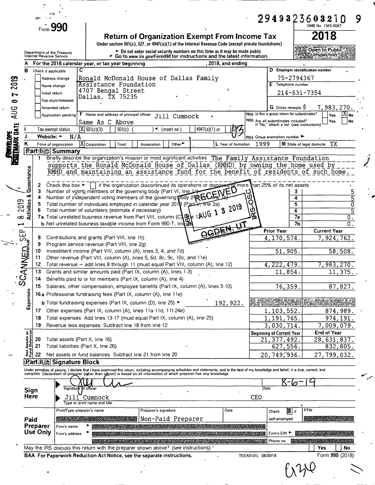 Image of first page of 2018 Form 990 for Ronald McDonald House of Dallas Family Assistance Foundation