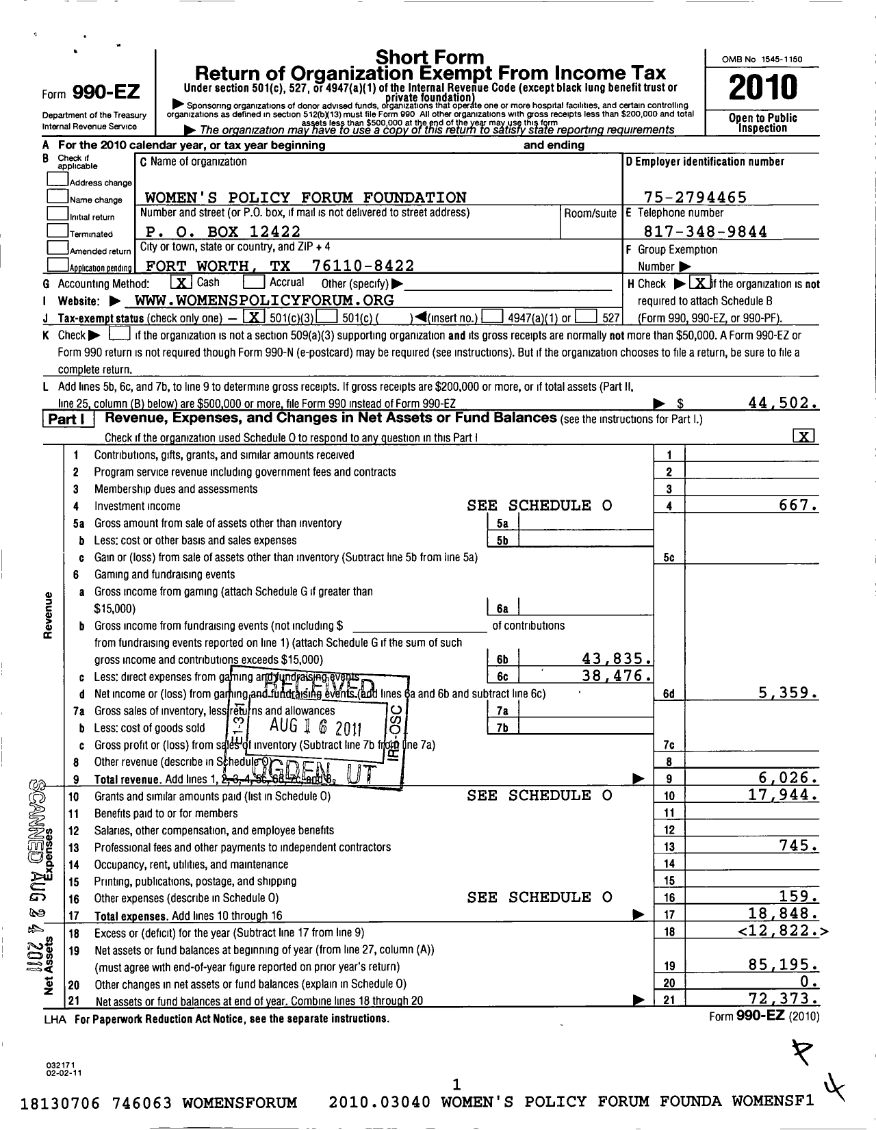 Image of first page of 2010 Form 990EZ for Womens Policy Forum Foundation